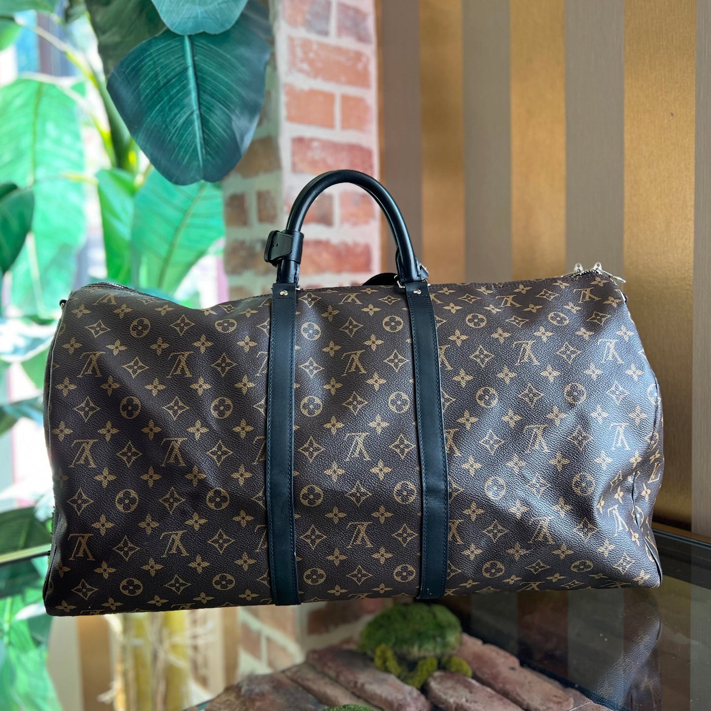 LOUIS VUITTON Macassar Keepall Bandouliere Brown Black Monogram Canvas Duffle Bag