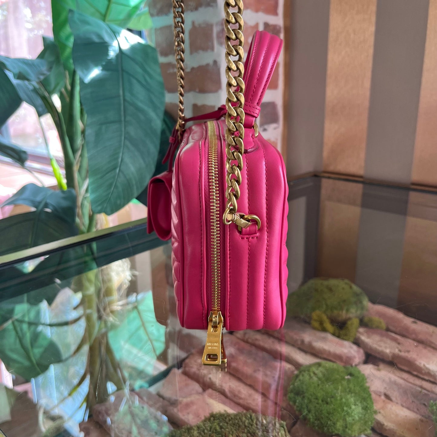 PRADA Diagramme Pink Leather Top Handle Shoulder Bag