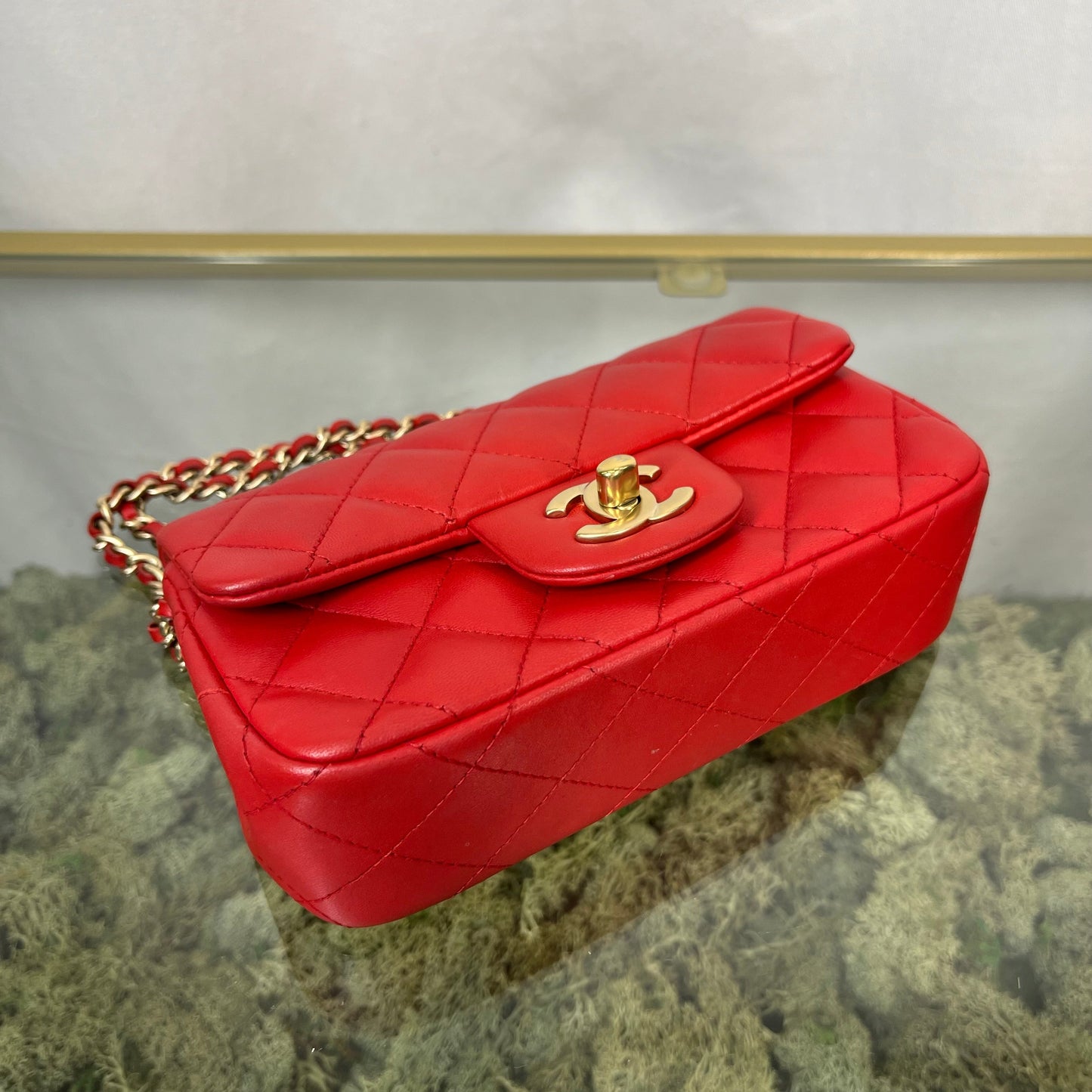 CHANEL Red Lambskin Mini Rectangle Shoulder Bag