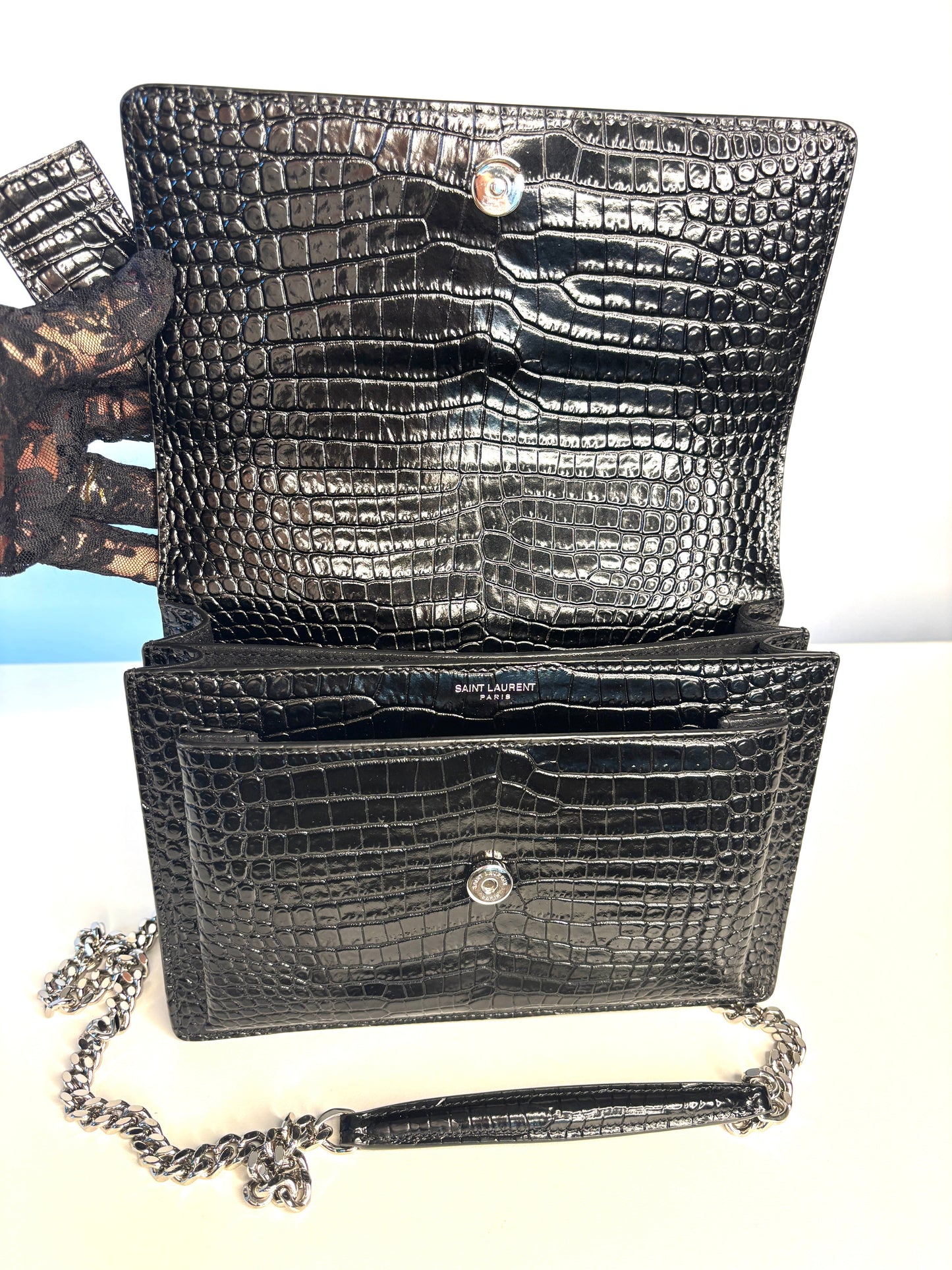 Saint Laurent Sunset Croc-Effect Black Medium Shoulder Bag - Preloved (Like New)