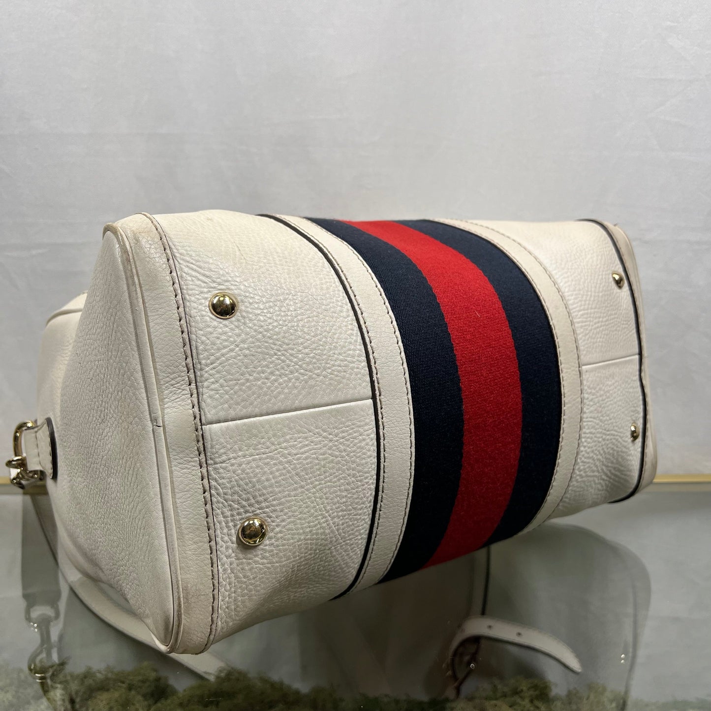 GUCCI Boston Medium White Calfskin Vintage Web Two Way Satchel Bag