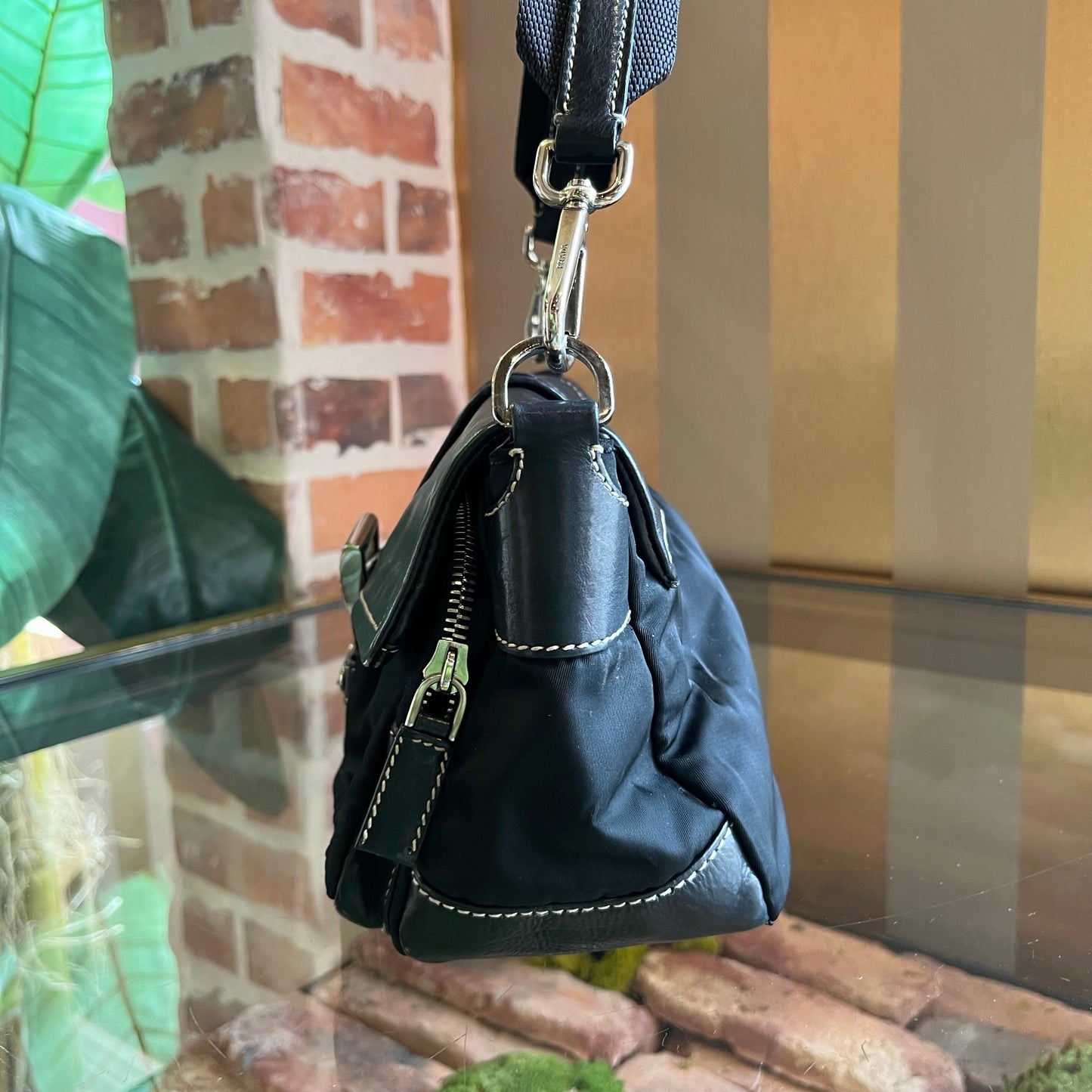 PRADA Black Nylon Soft Calfskin Vintage Buckle Shoulder Bag