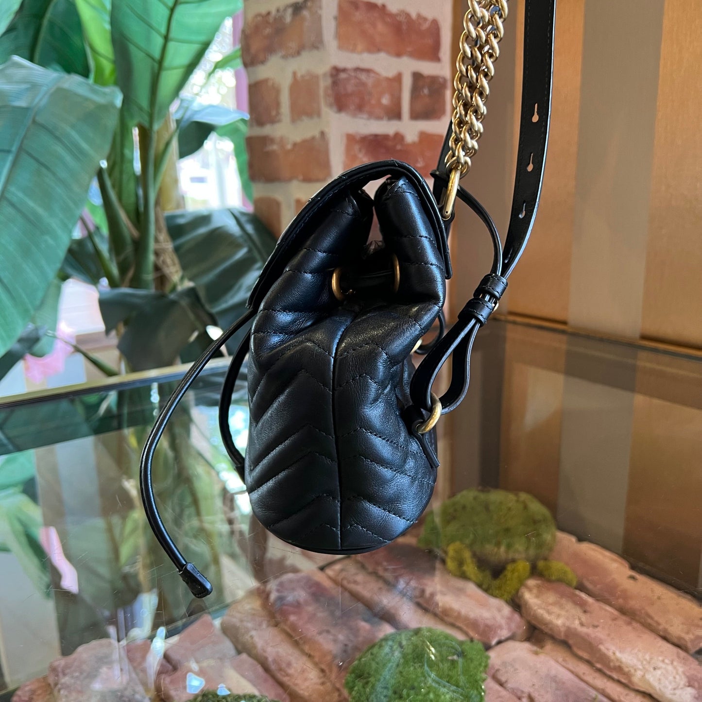 GUCCI GG Marmont Black Calfskin Matelassé Flap Backpack