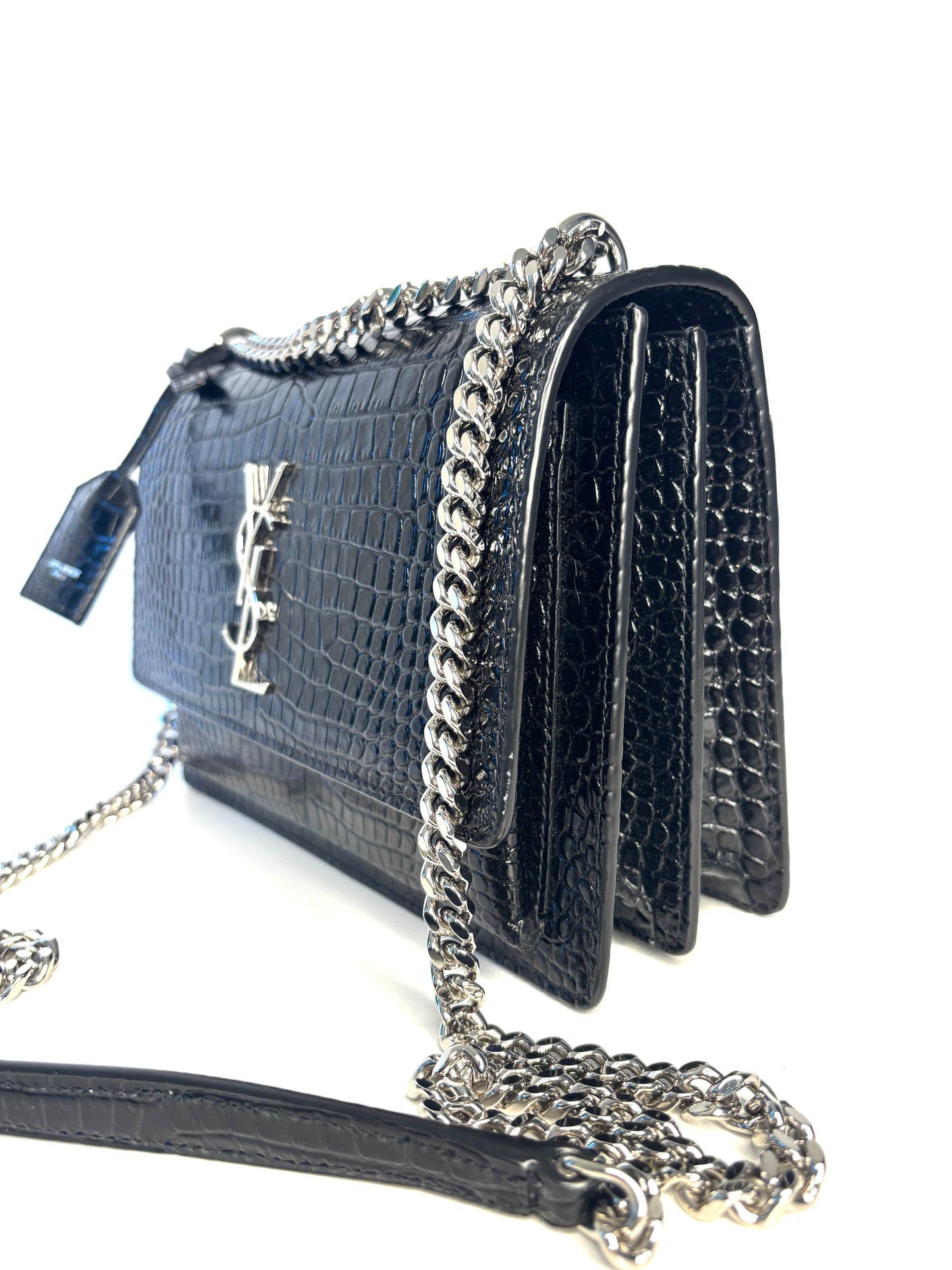 Saint Laurent Sunset Croc-Effect Black Medium Shoulder Bag - Preloved (Like New)