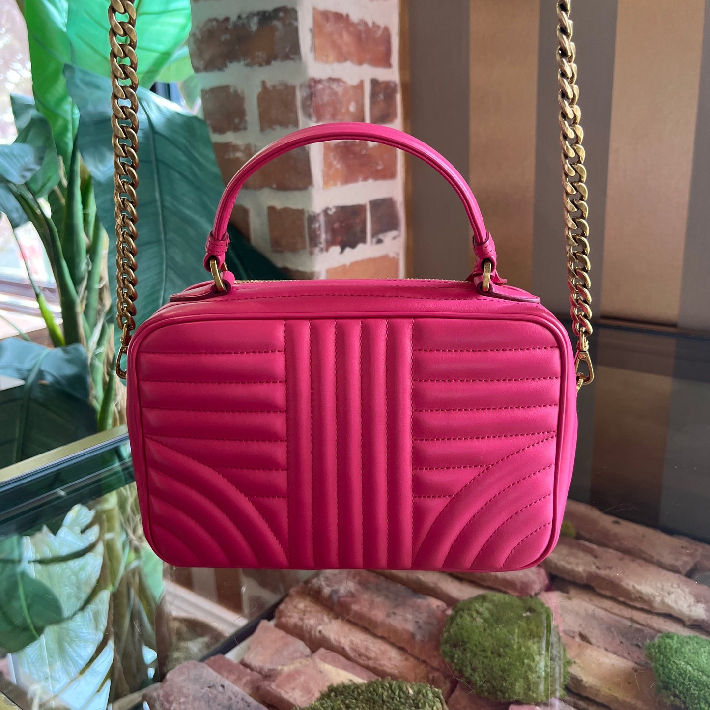 PRADA Diagramme Pink Leather Top Handle Shoulder Bag