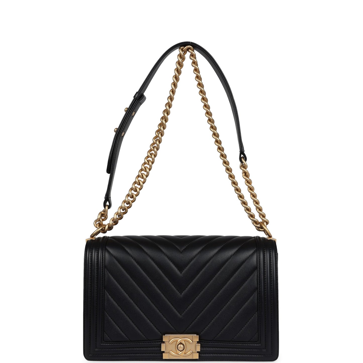 Chanel New Medium Chevron Boy Bag Black Calfskin Antique Gold Hardware
