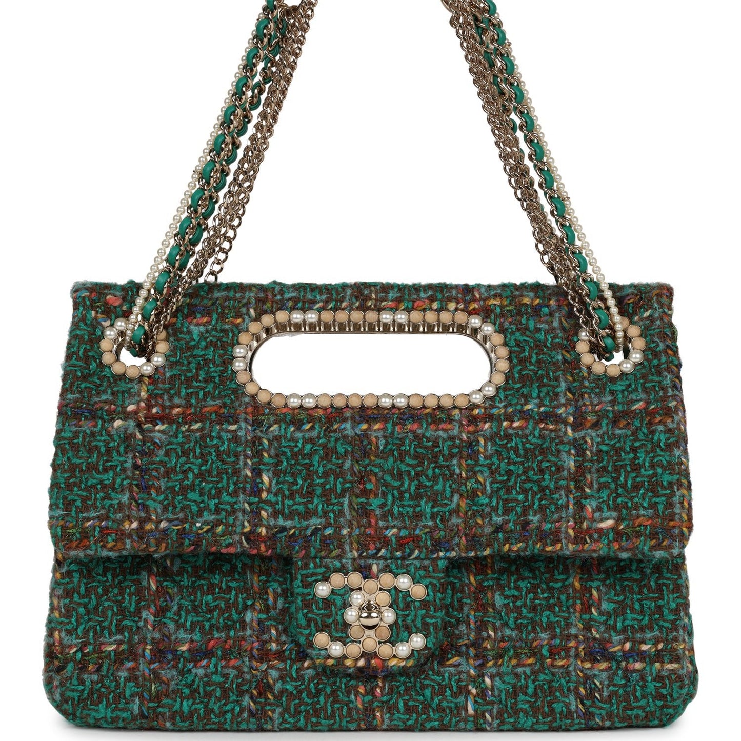 Chanel Large Double Flap Bag with Cut Out Handle and Multi Chain Green Tweed Gold Hardware