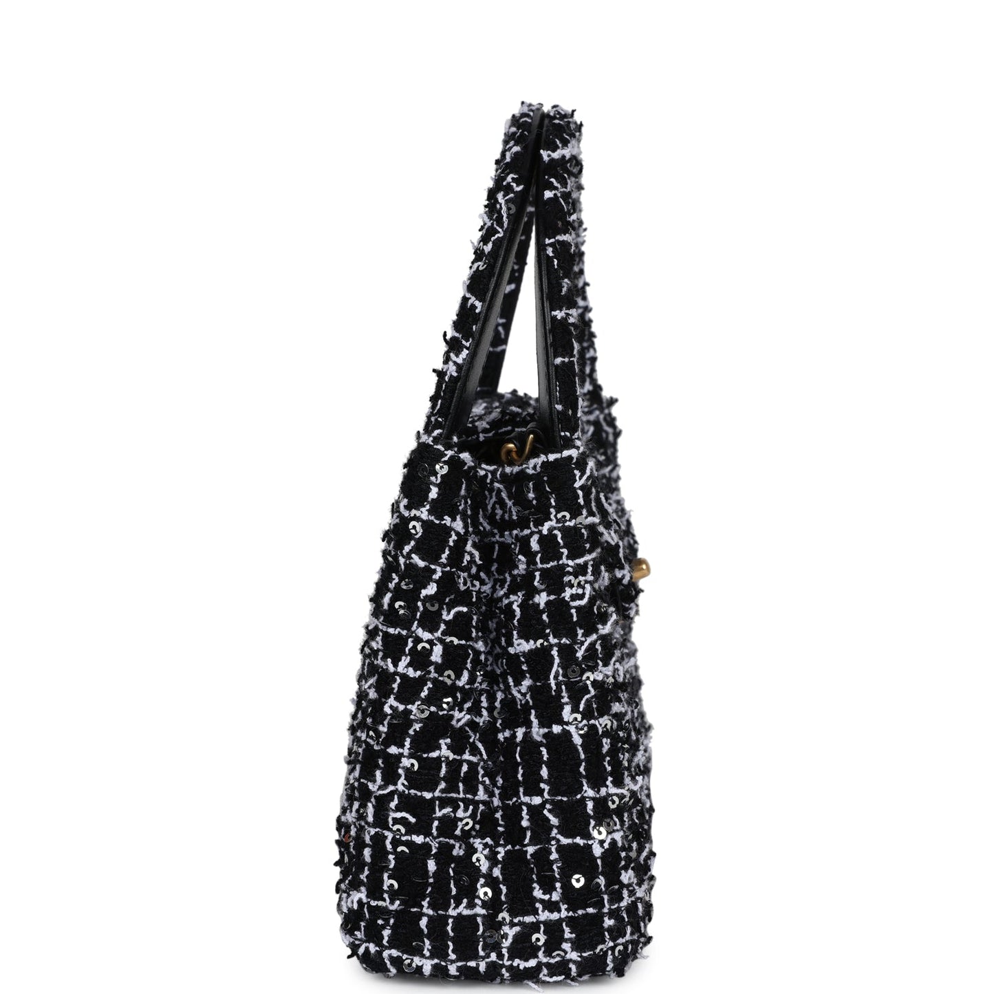 Chanel Small Kelly Shopper Black, White & Silver Sequin Tweed Brushed Gold Hardware