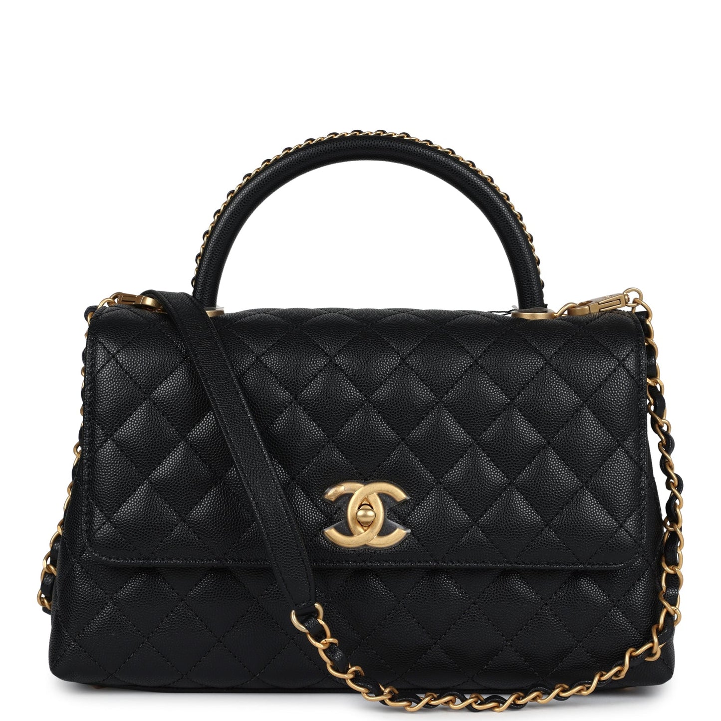 Chanel Medium Coco Top Handle Black Chevron Caviar Brushed Gold Hardware