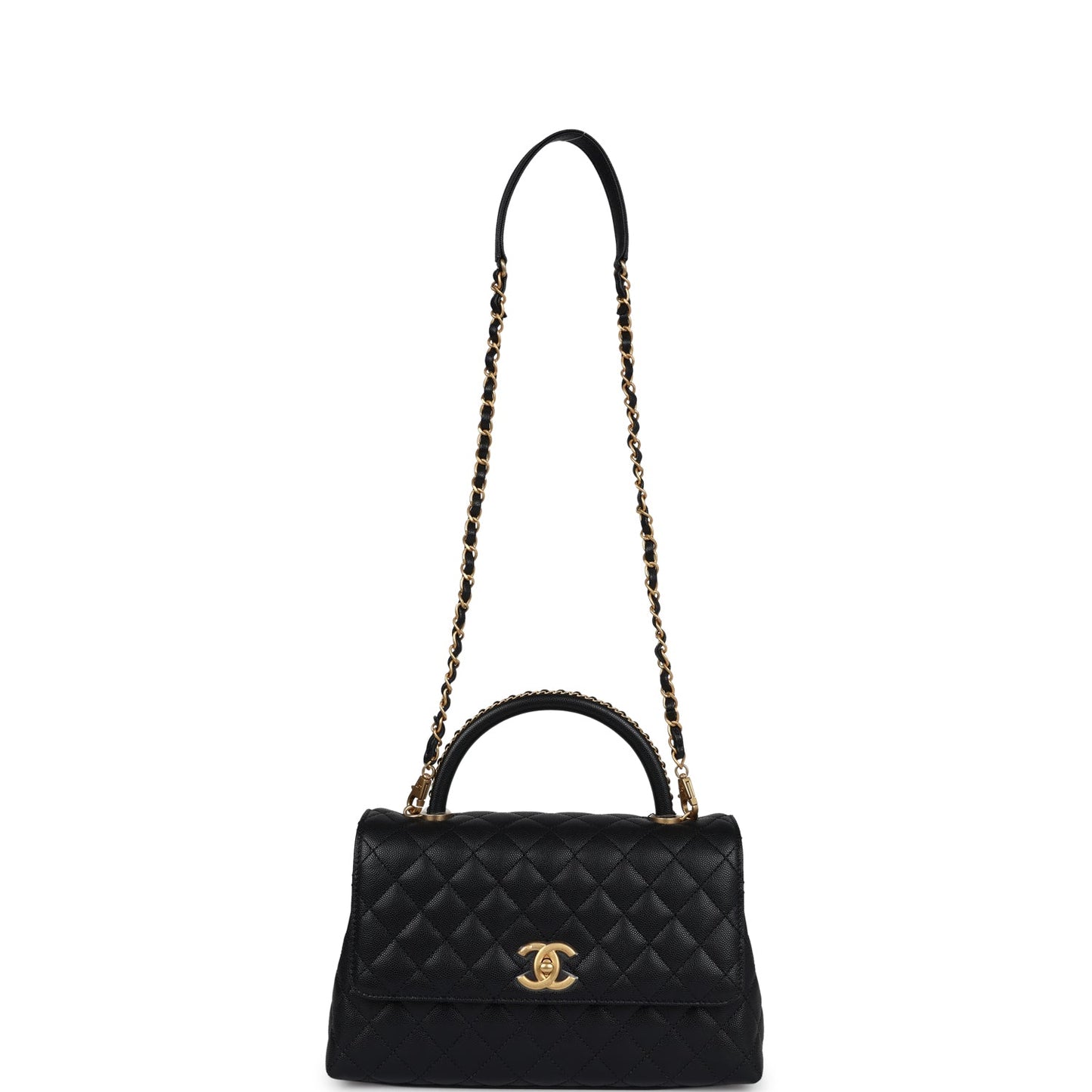 Chanel Medium Coco Top Handle Black Chevron Caviar Brushed Gold Hardware