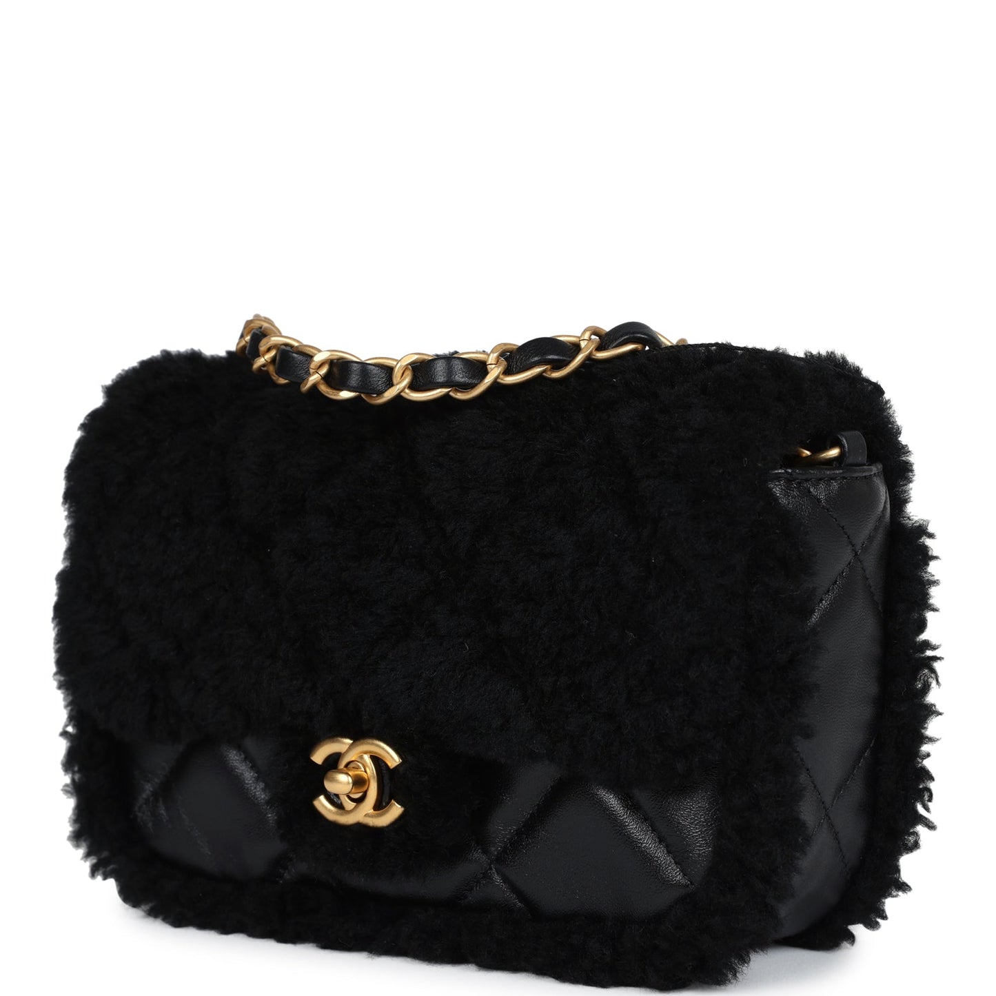 Chanel Mini Shearling Flap Bag Black Lambskin Brushed Gold Hardware