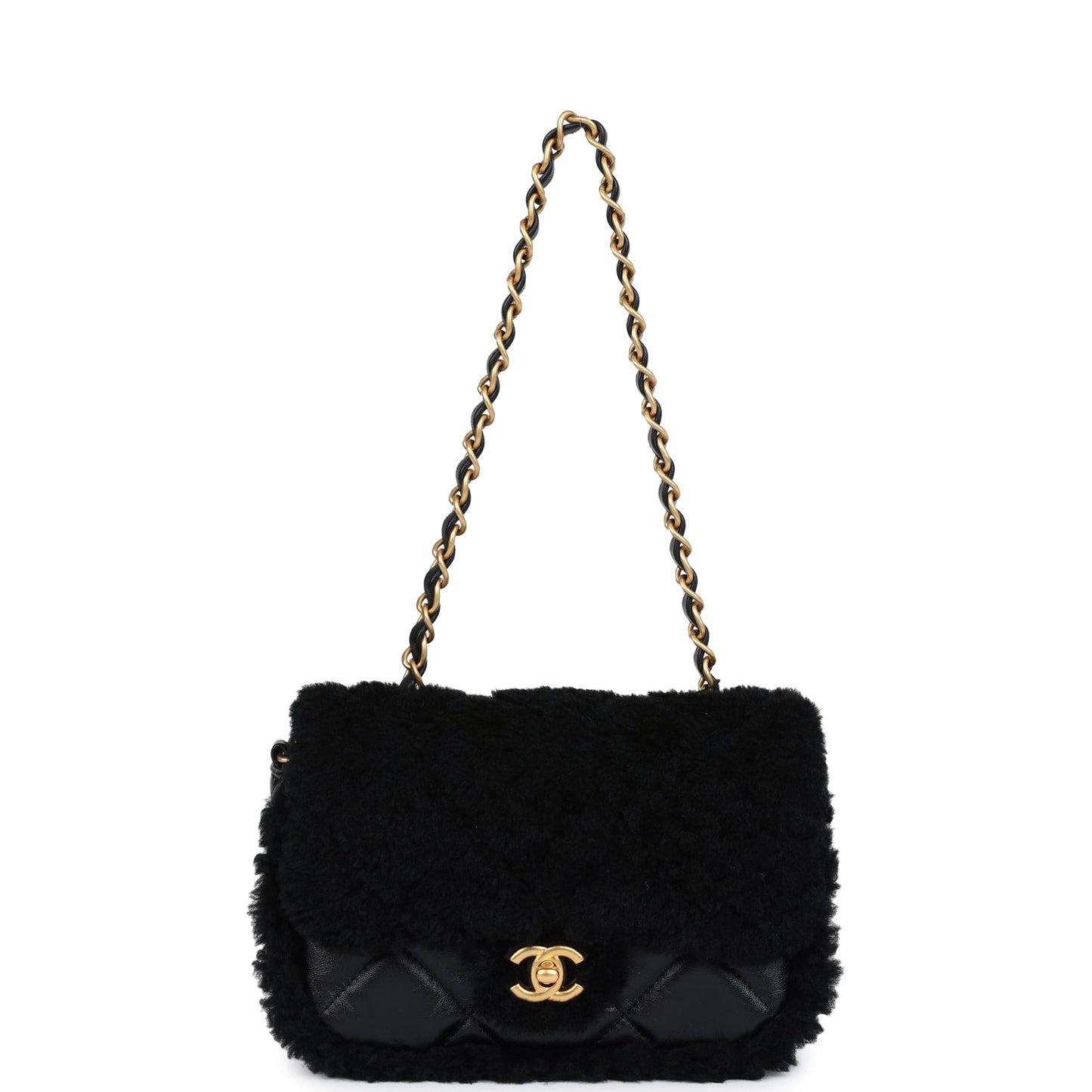 Chanel Mini Shearling Flap Bag Black Lambskin Brushed Gold Hardware