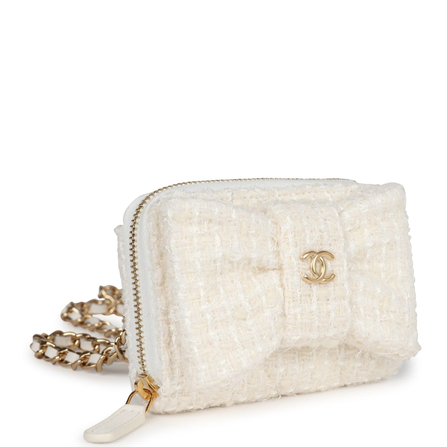 Chanel Bow Wallet Card Holder on Chain White/Beige Tweed/Calfskin Gold Hardware