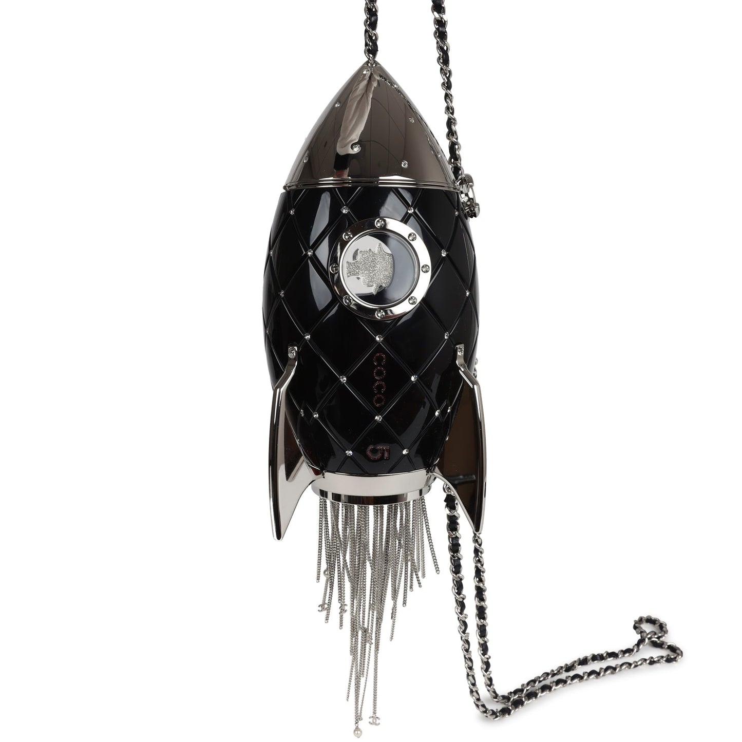 Chanel Limited Edition Rocket Ship Minaudière Bag Black Lucite and Crystals Silver Hardware