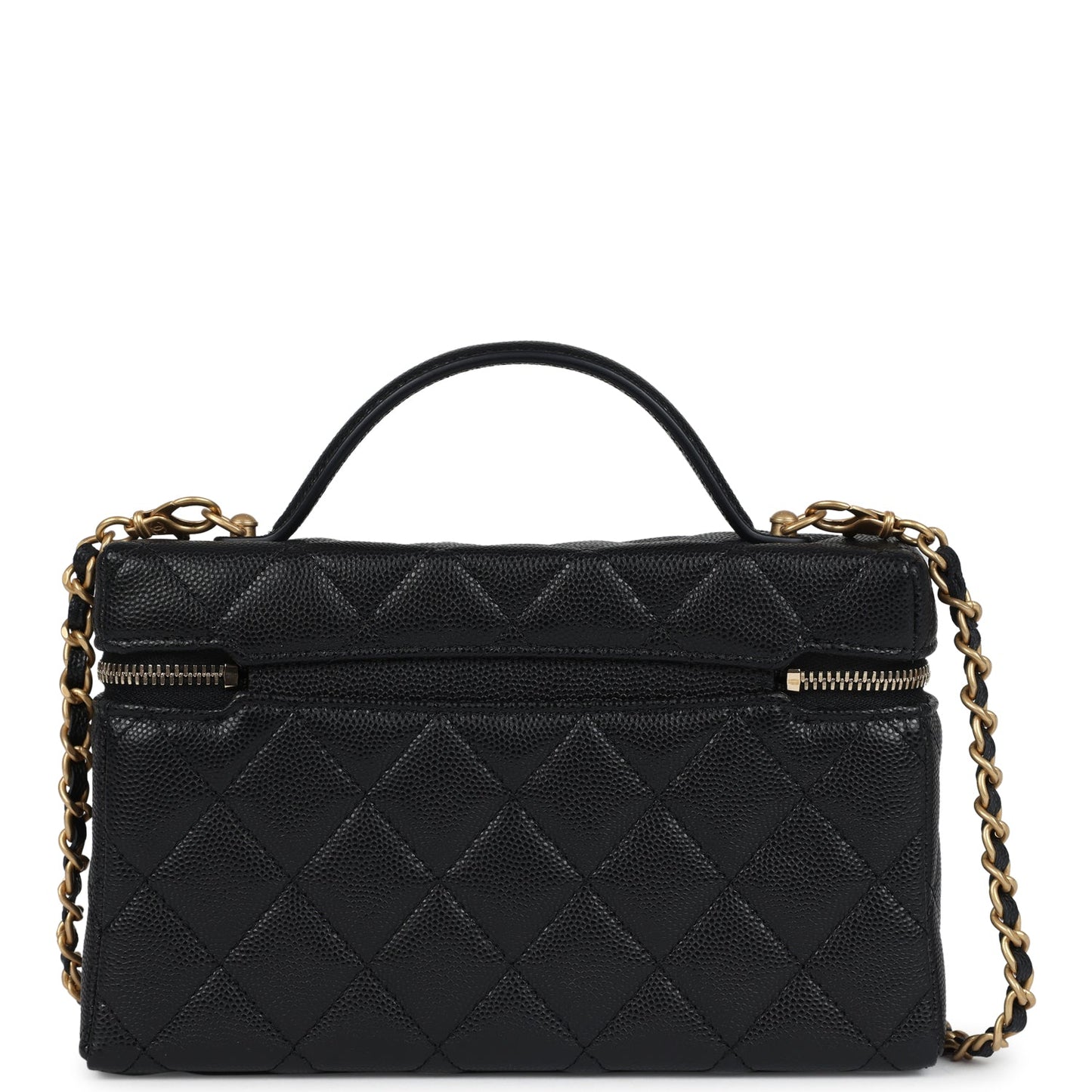Chanel Top Handle Long Vanity Case With Chain Black Shiny Caviar Brushed Gold Hardware