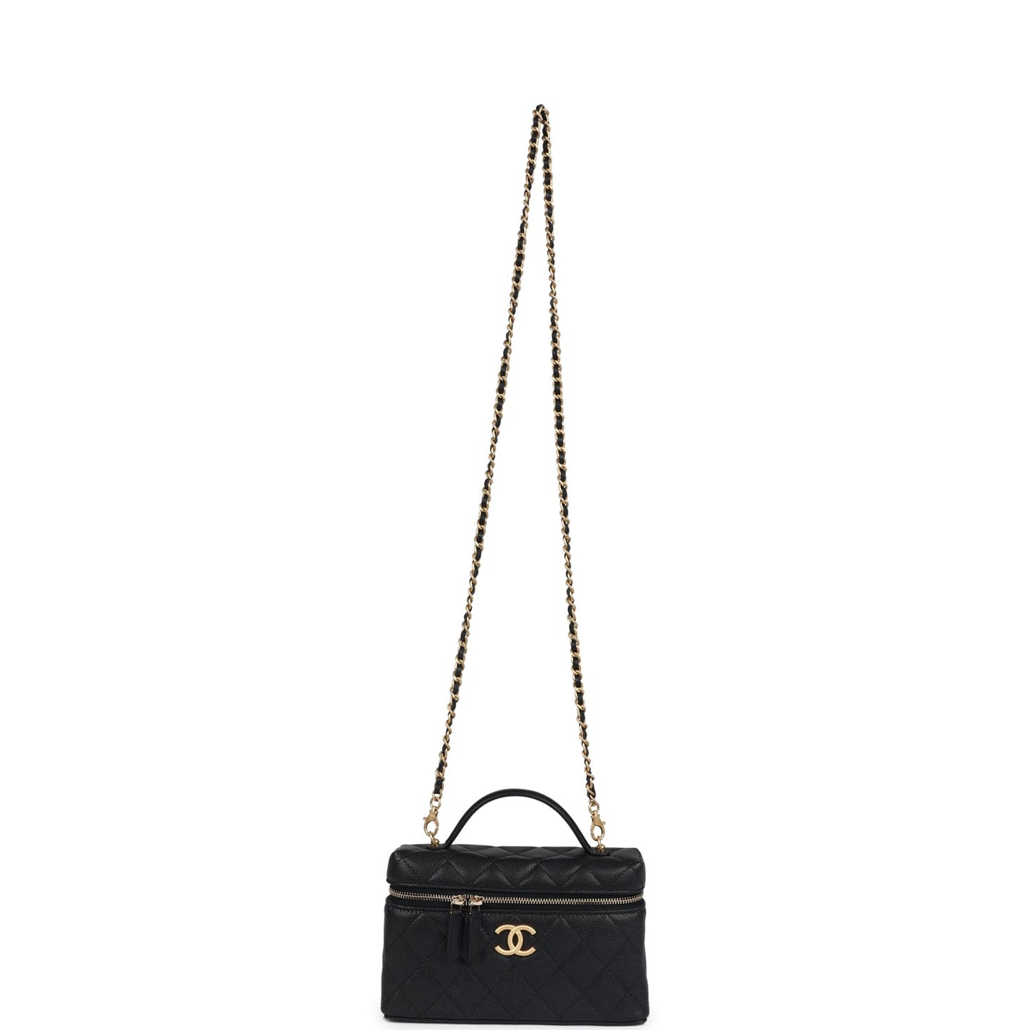 Chanel Top Handle Long Vanity Case With Chain Black Shiny Caviar Brushed Gold Hardware