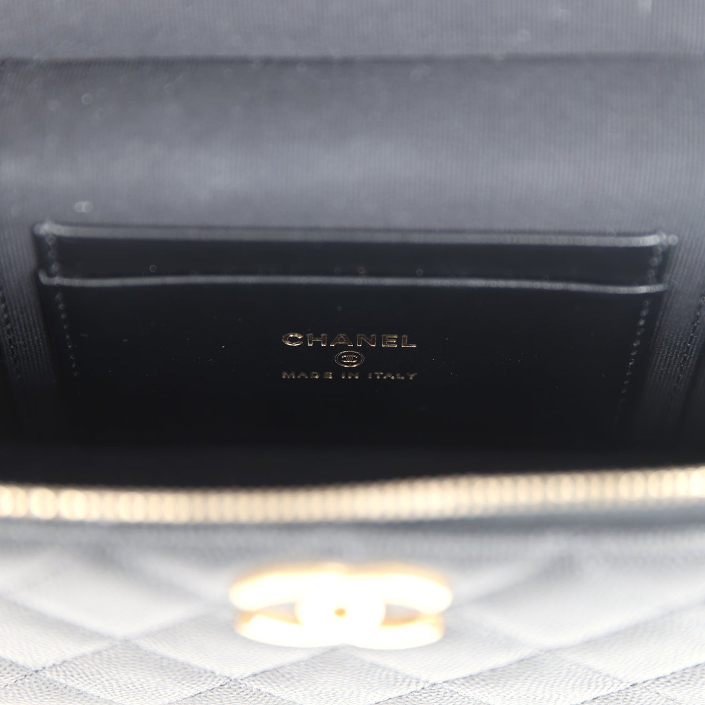 Chanel Top Handle Long Vanity Case With Chain Black Shiny Caviar Brushed Gold Hardware