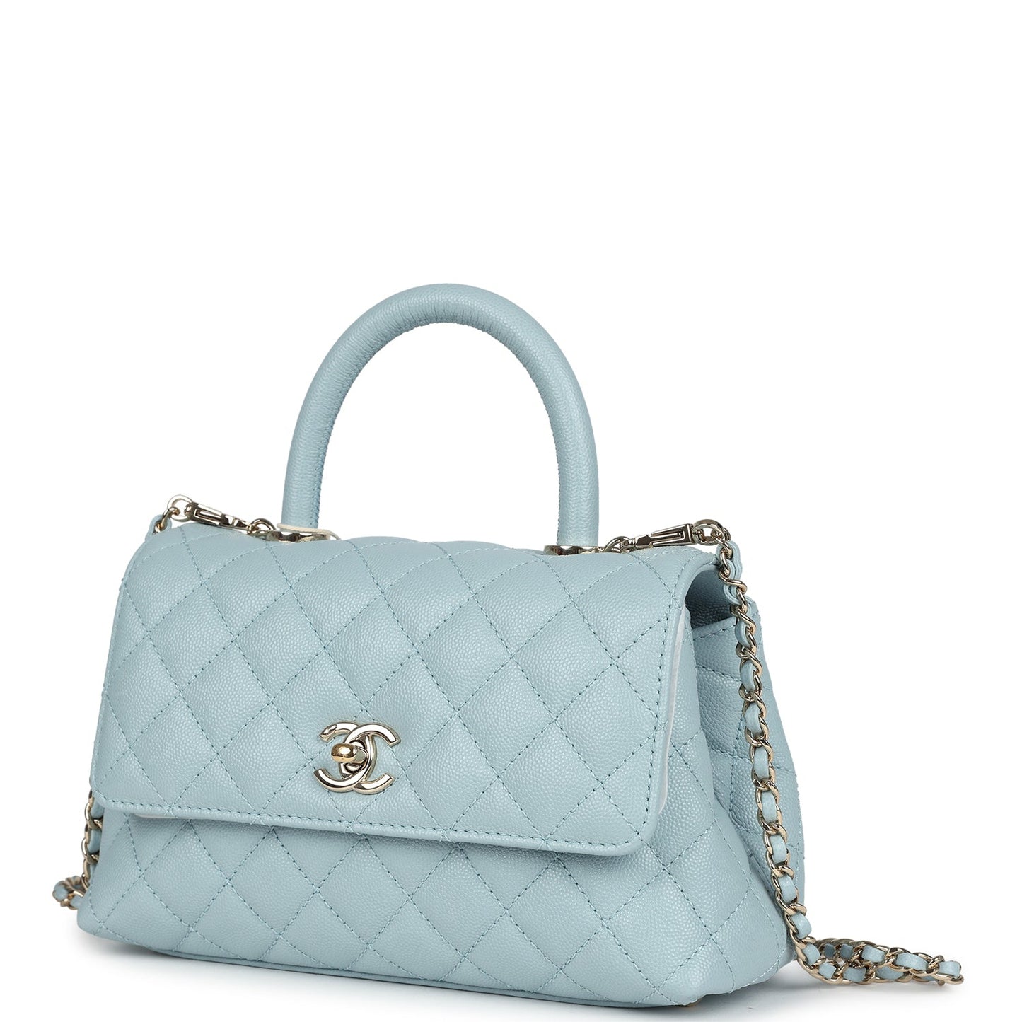 Chanel Small Coco Top Handle Flap Bag Light Blue Caviar Light Gold Hardware