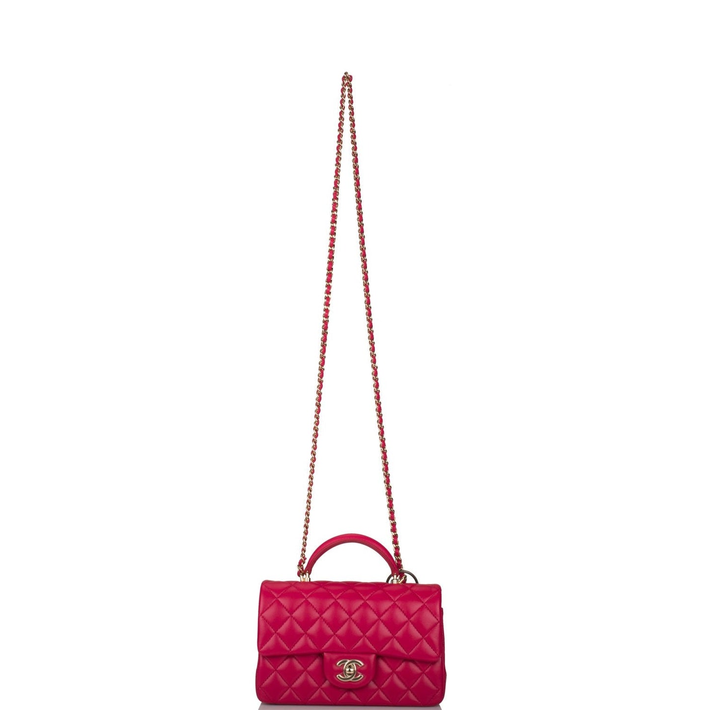 Chanel Mini Rectangular Flap with Top Handle Dark Pink Lambskin Light Gold Hardware