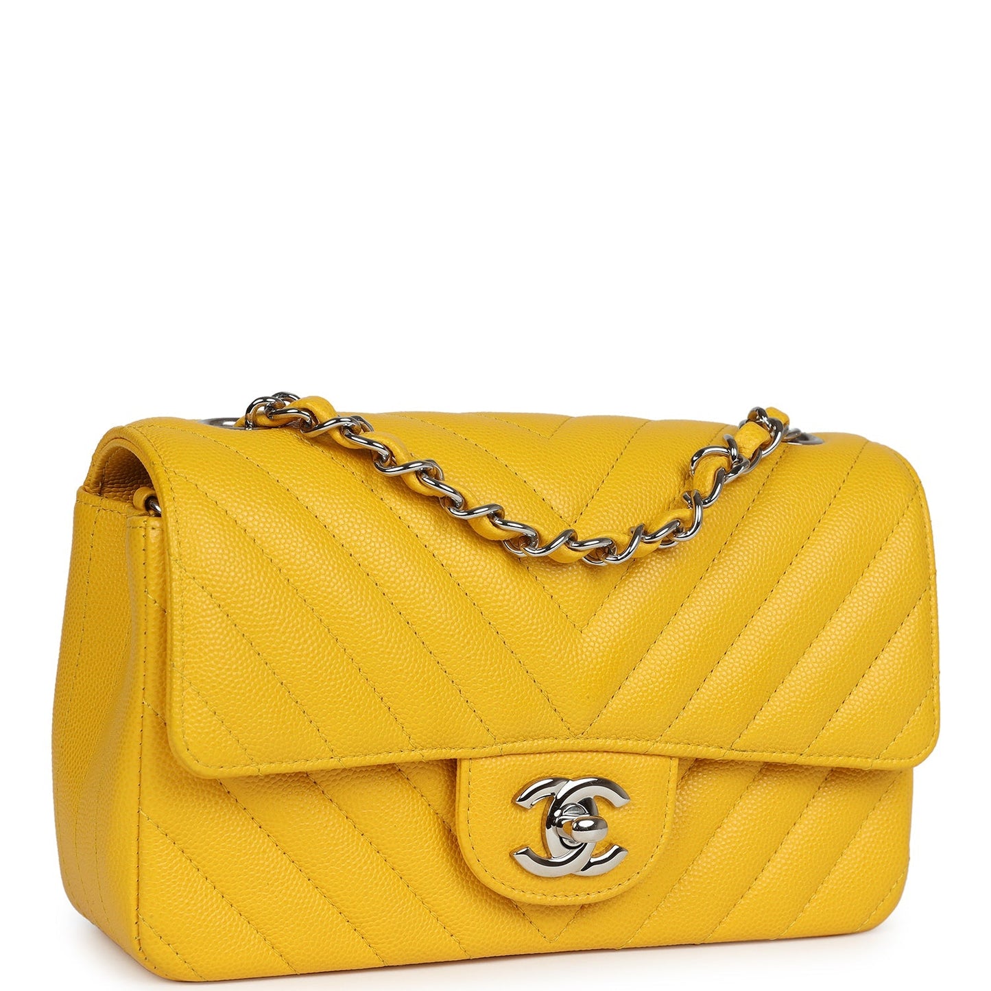 Chanel Mini Rectangular Flap Yellow Chevron Caviar Silver Hardware