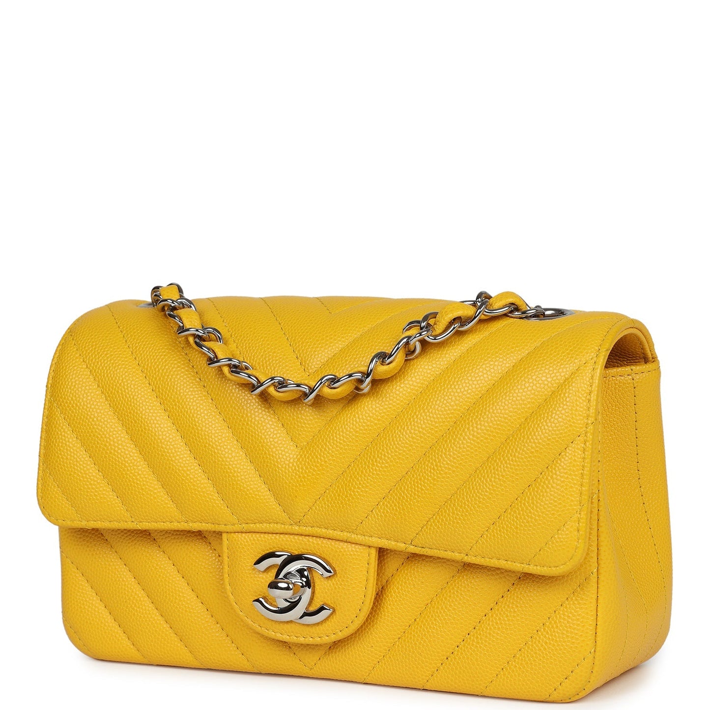 Chanel Mini Rectangular Flap Yellow Chevron Caviar Silver Hardware