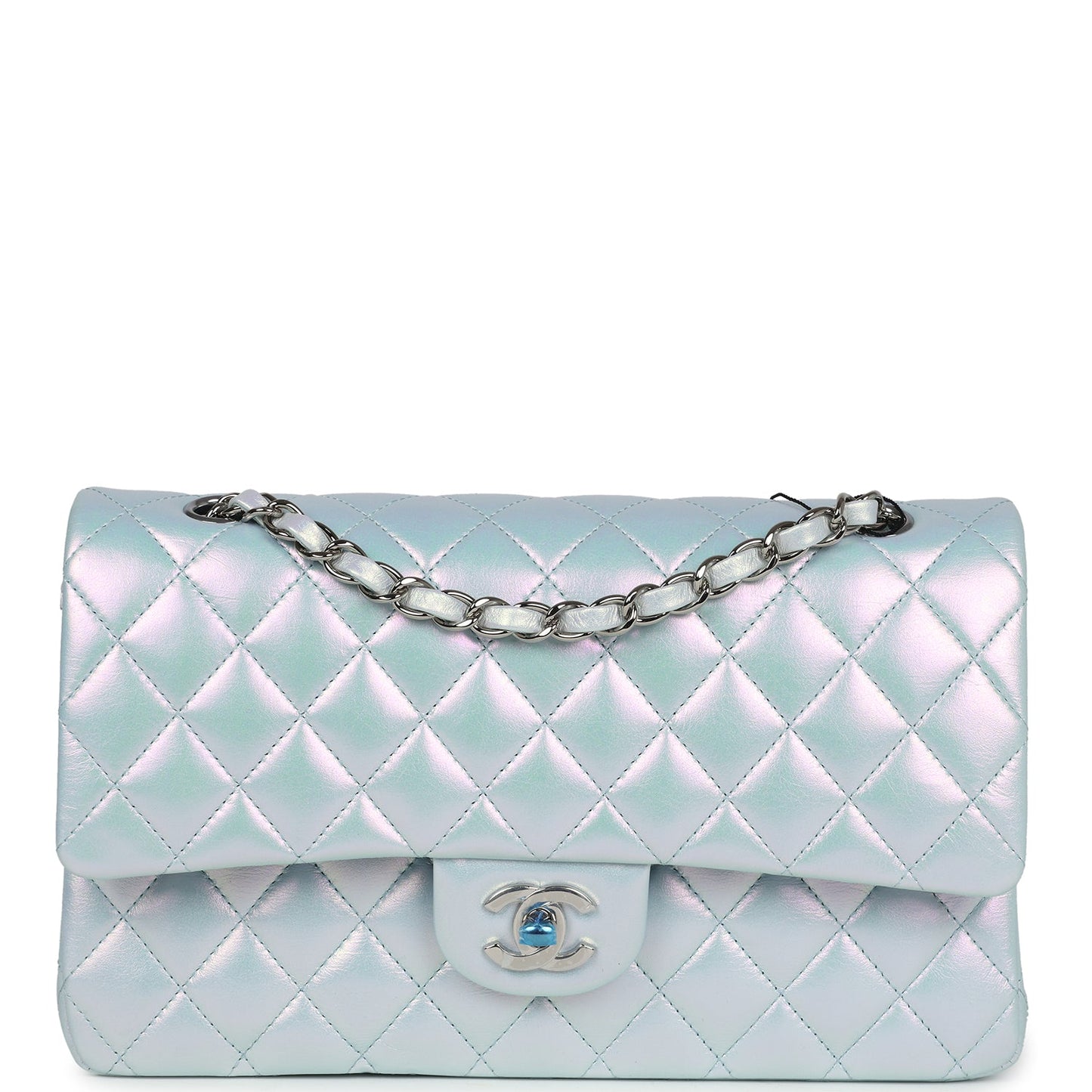 Chanel Medium Classic Double Flap Bag Blue Iridescent Calfskin Silver Hardware