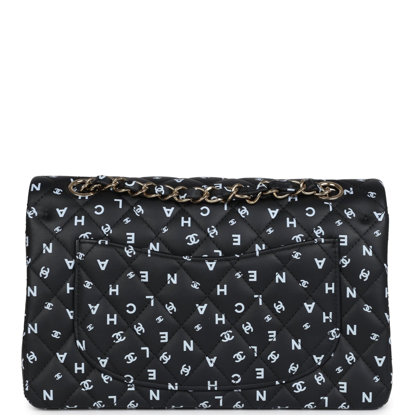 Chanel Small Classic Double Logo Printed Flap Bag Black and White Calfskin Gold Hardware