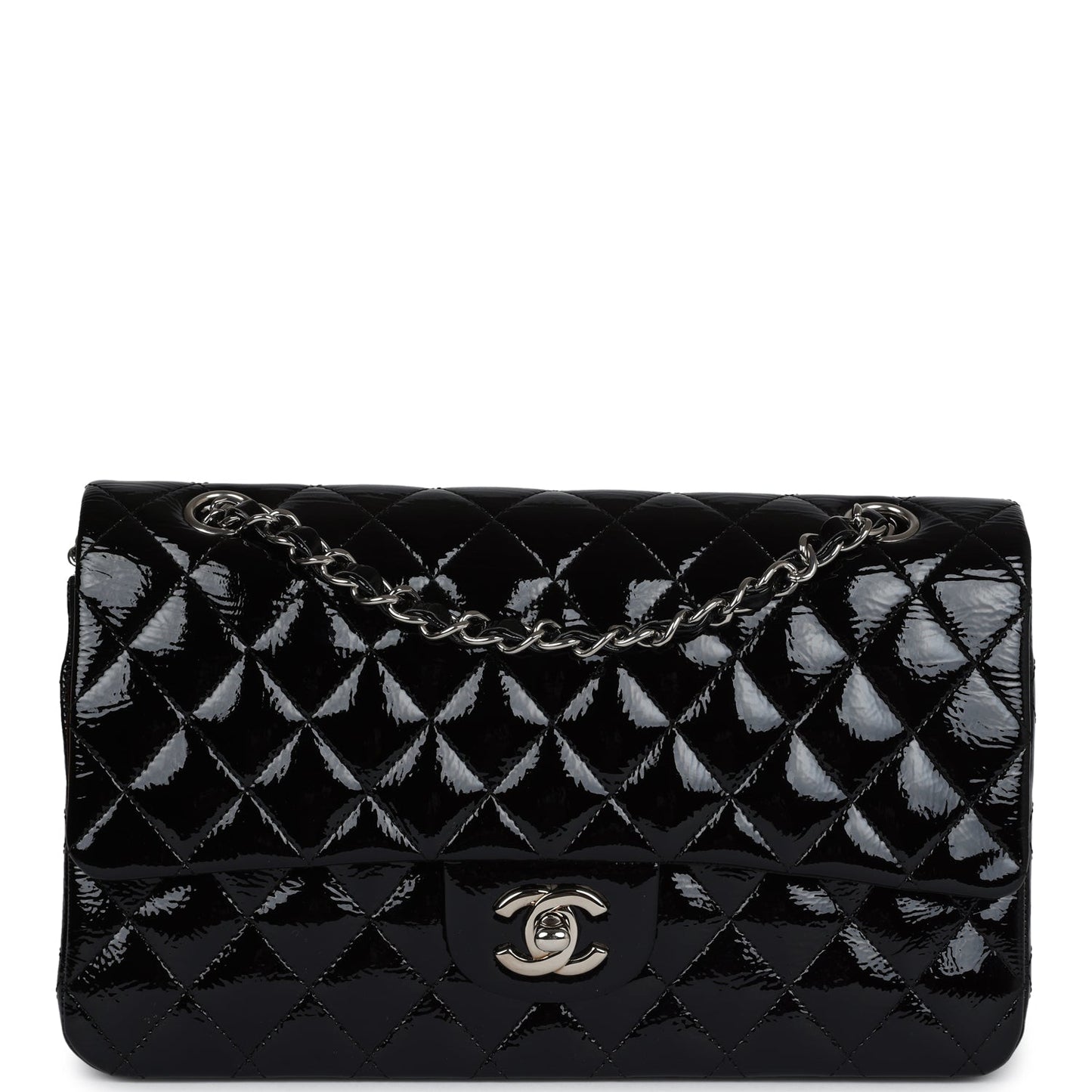 Chanel Medium Classic Double Flap Bag Black Crumpled Patent Leather Silver Hardware
