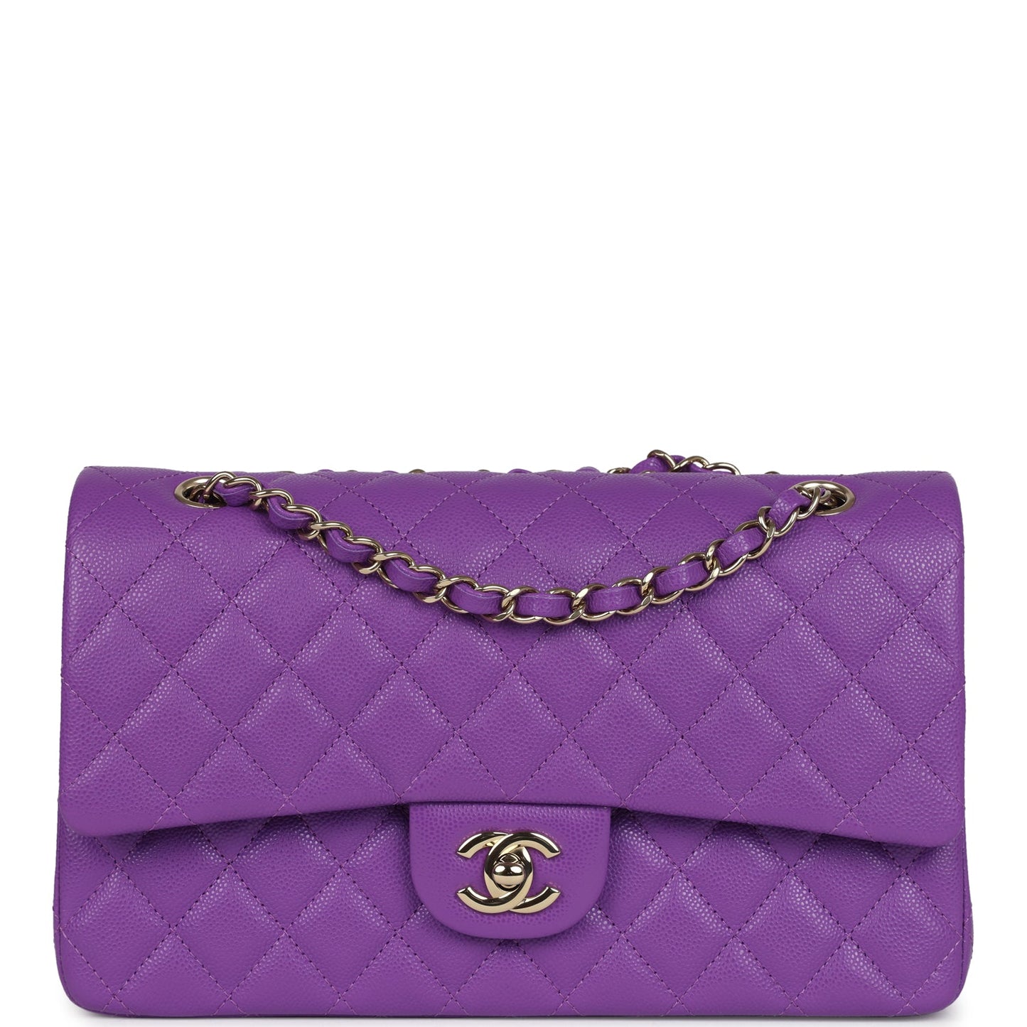 Chanel Medium Classic Double Flap Bag Purple Caviar Light Gold Hardware