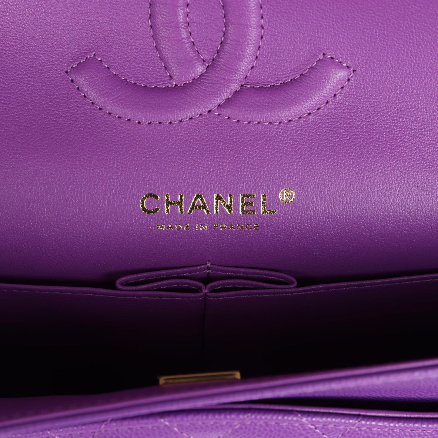 Chanel Medium Classic Double Flap Bag Purple Caviar Light Gold Hardware