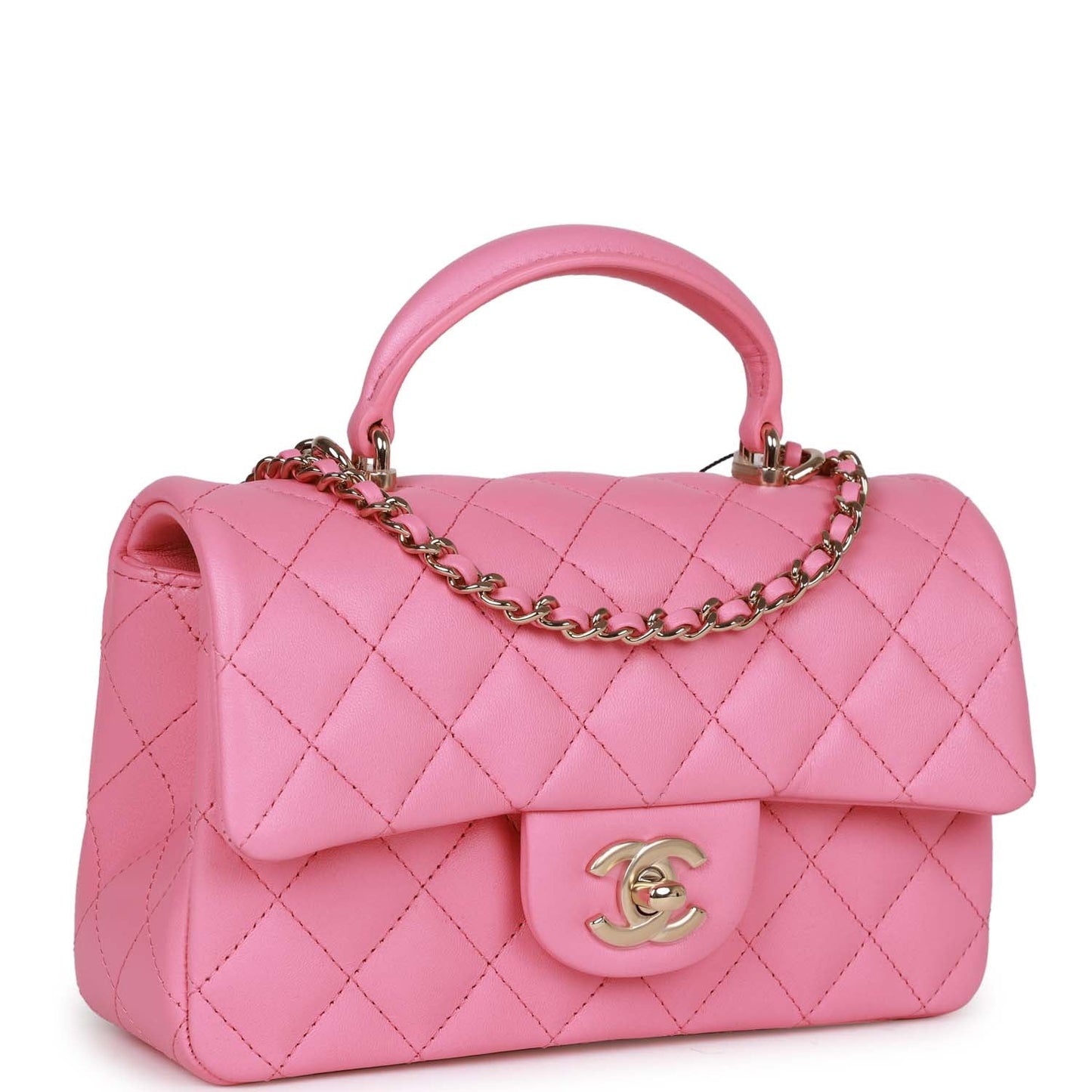 Chanel Rectangular Mini Flap Bag with Top Handle Pink Lambskin Light Gold Hardware