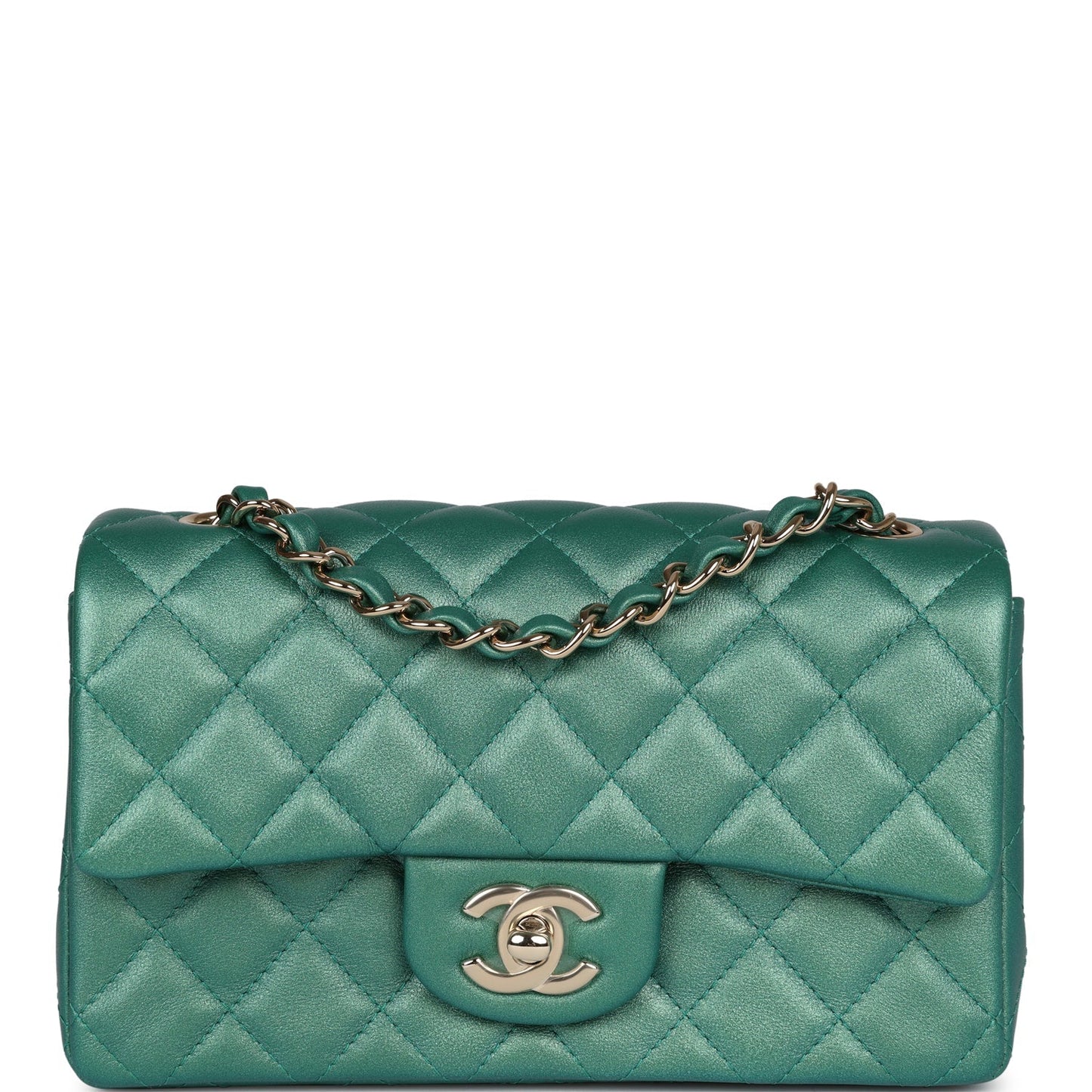 Chanel Mini Classic Rectangular Flap Iridescent Green Lambskin Light Gold Hardware