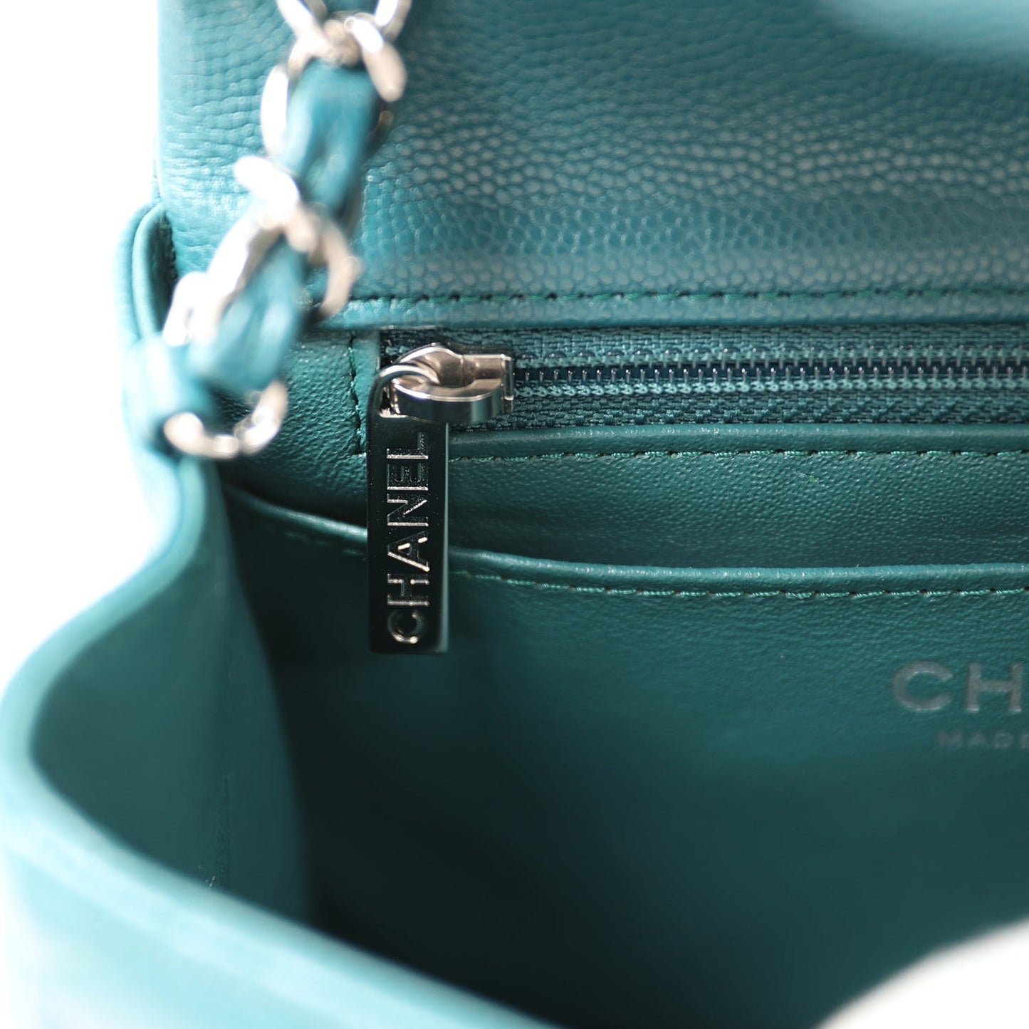 Chanel Mini Square Flap Bag Dark Green Caviar Silver Hardware