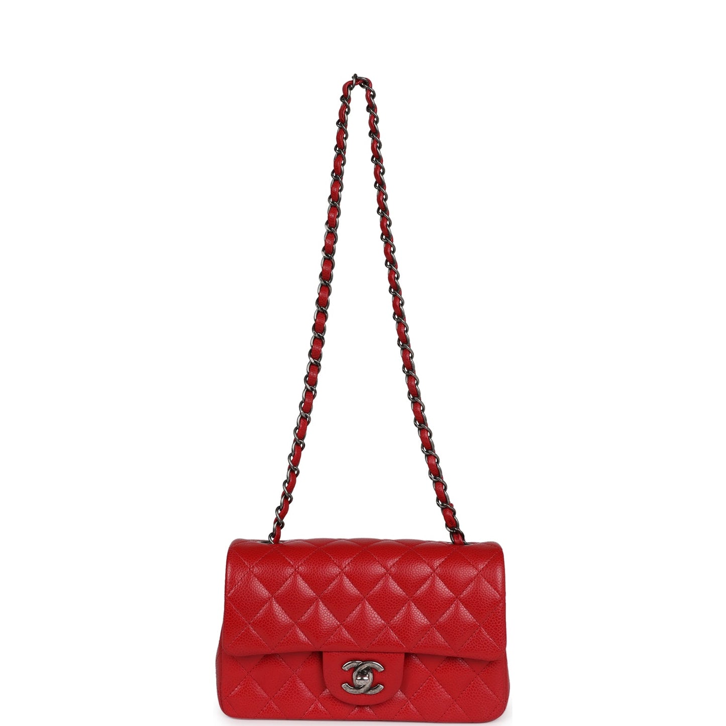 Chanel Mini Rectangular Flap Red Caviar Ruthenium Hardware