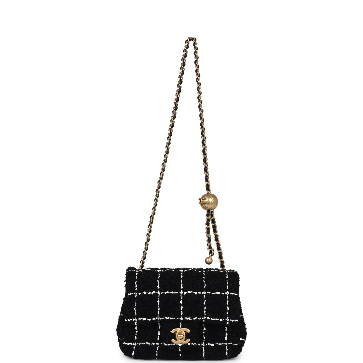 Chanel Mini Pearl Crush Square Flap Bag White and Black Tweed Antique Gold Hardware