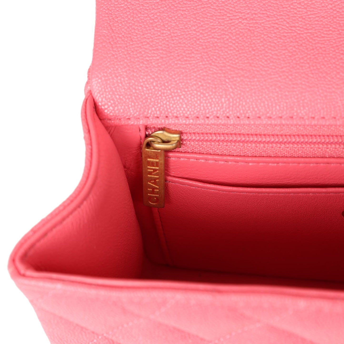 Chanel Mini Rectangular Flap with Top Handle Hot Pink Caviar Antique Gold Hardware