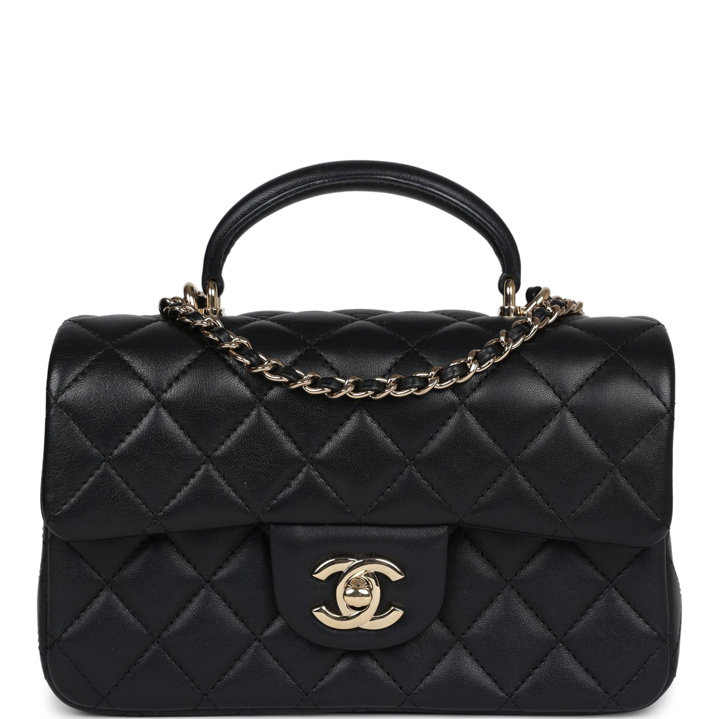 Chanel Mini Rectangular Flap with Top Handle Black Lambskin Light Gold Hardware