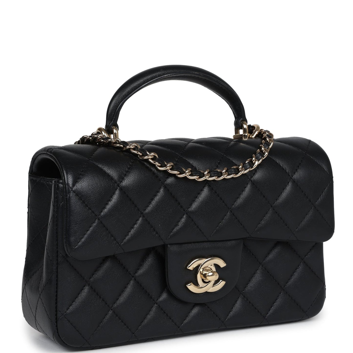 Chanel Mini Rectangular Flap with Top Handle Black Lambskin Light Gold Hardware