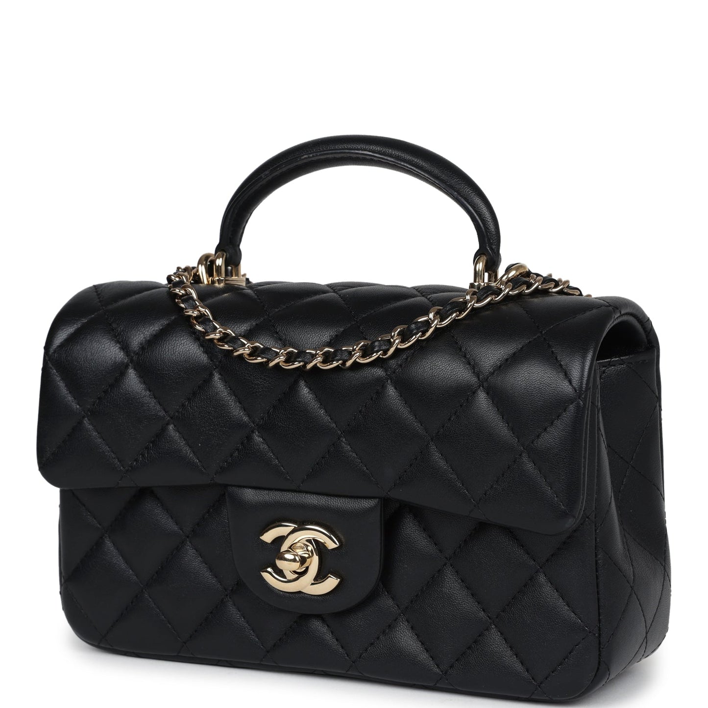 Chanel Mini Rectangular Flap with Top Handle Black Lambskin Light Gold Hardware