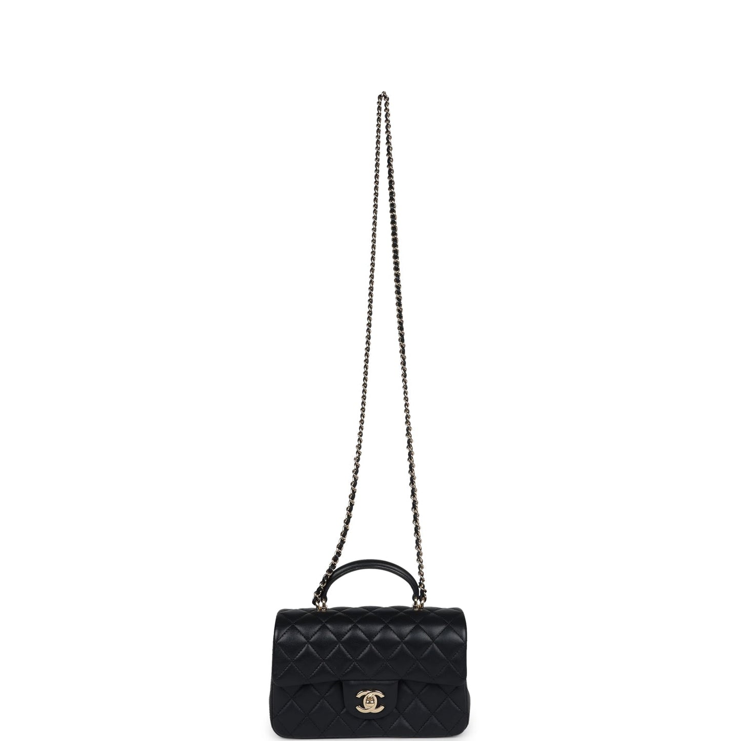 Chanel Mini Rectangular Flap with Top Handle Black Lambskin Light Gold Hardware