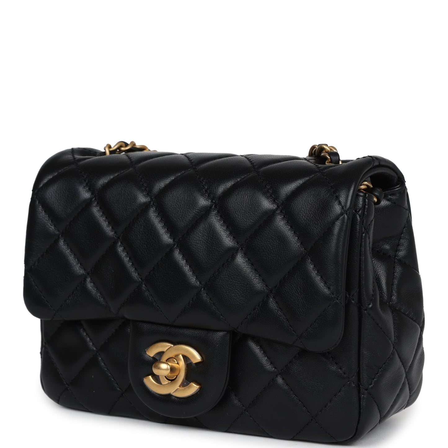 Chanel Mini Square Pearl Crush Flap Bag Black Lambskin Antique Gold Hardware