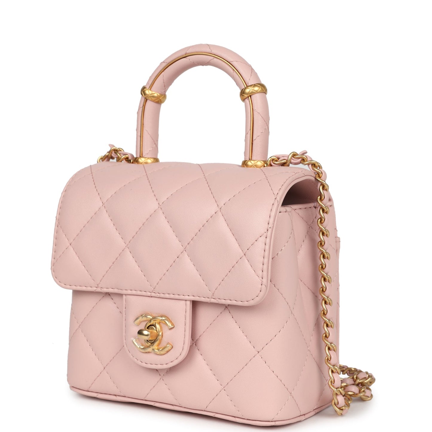 Chanel Mini Square Top Handle Flap Light Pink Lambskin Antique Gold Hardware