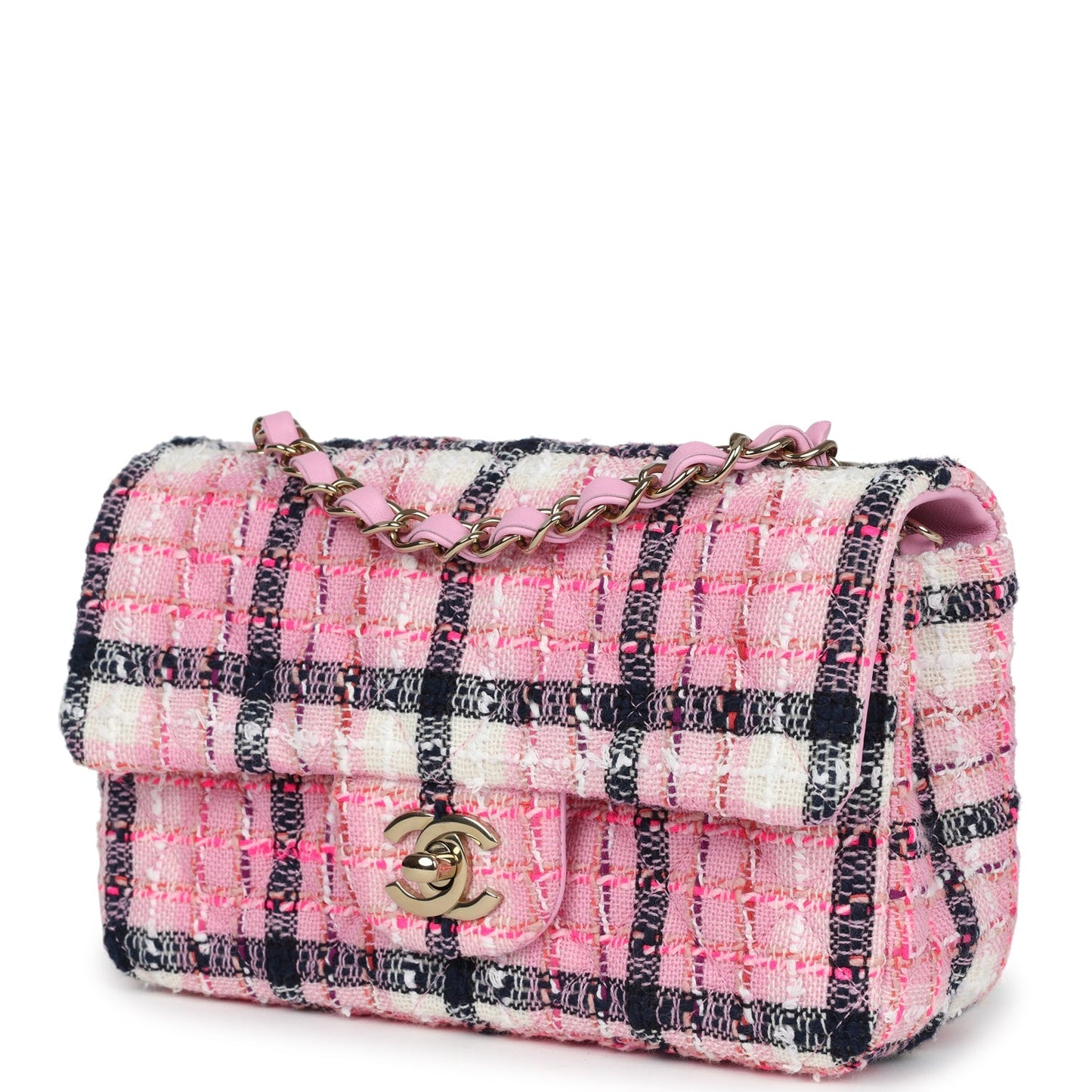 Chanel Mini Rectangular Flap Bag Pink, White and Black Tweed Light Gold Hardware
