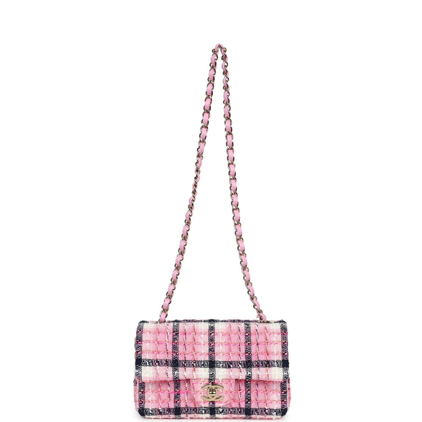 Chanel Mini Rectangular Flap Bag Pink, White and Black Tweed Light Gold Hardware