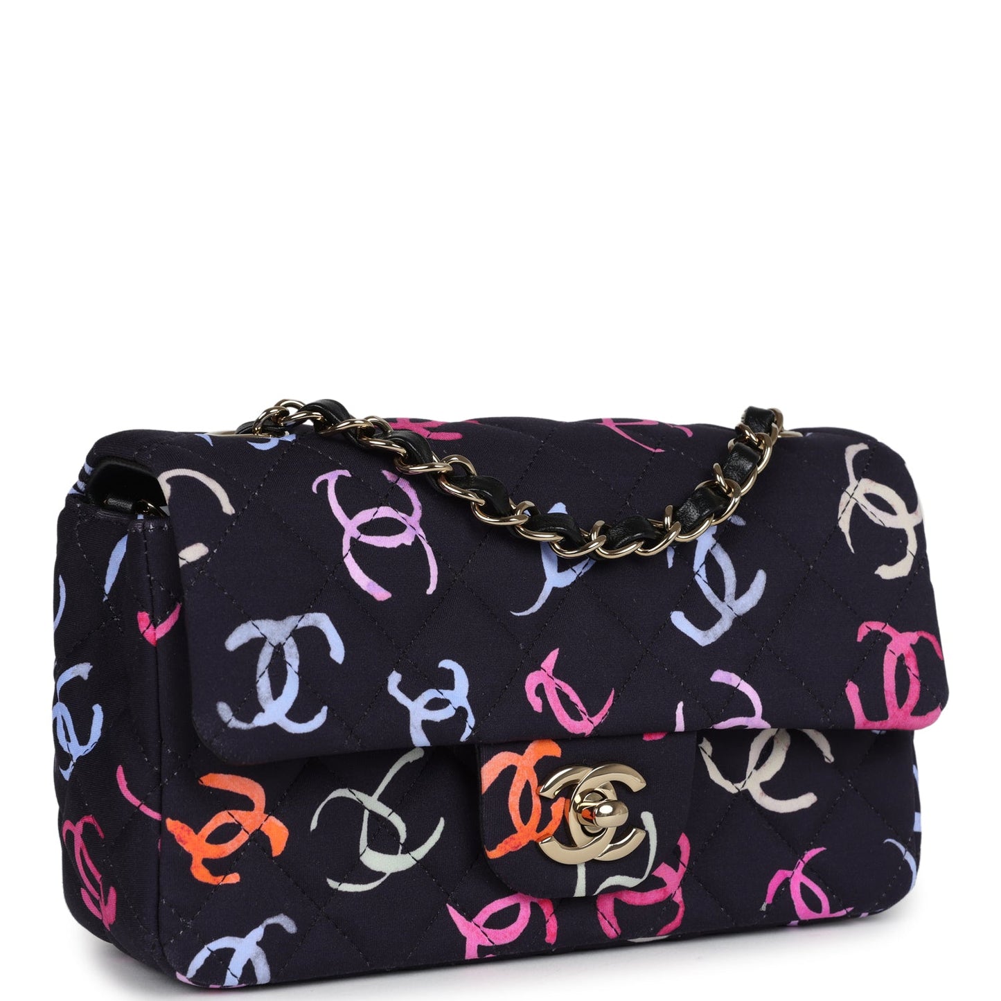 Chanel Mini Rectangular Flap Bag Navy Multicolored Printed Fabric Gold Hardware