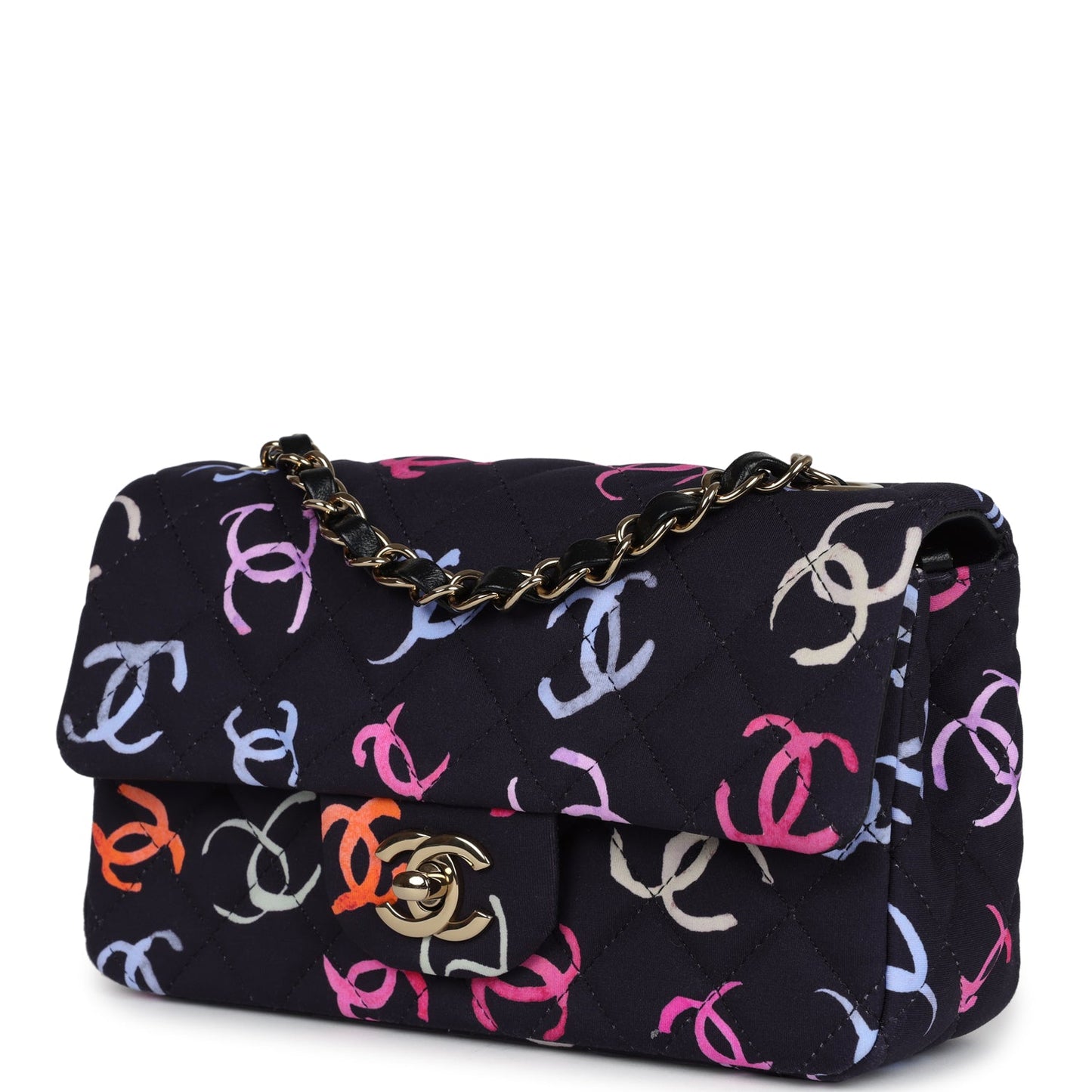 Chanel Mini Rectangular Flap Bag Navy Multicolored Printed Fabric Gold Hardware