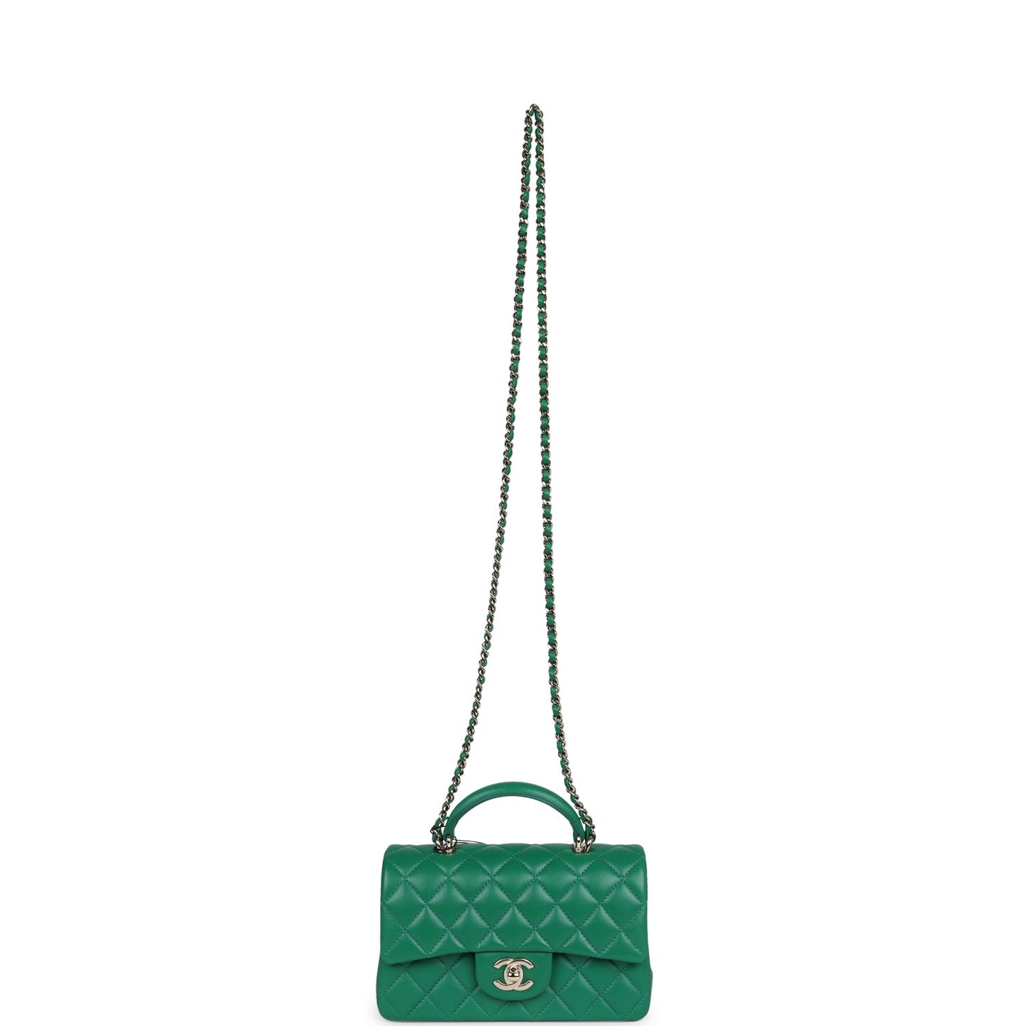 Chanel Mini Rectangular Flap with Top Handle Dark Green Lambskin Light Gold Hardware