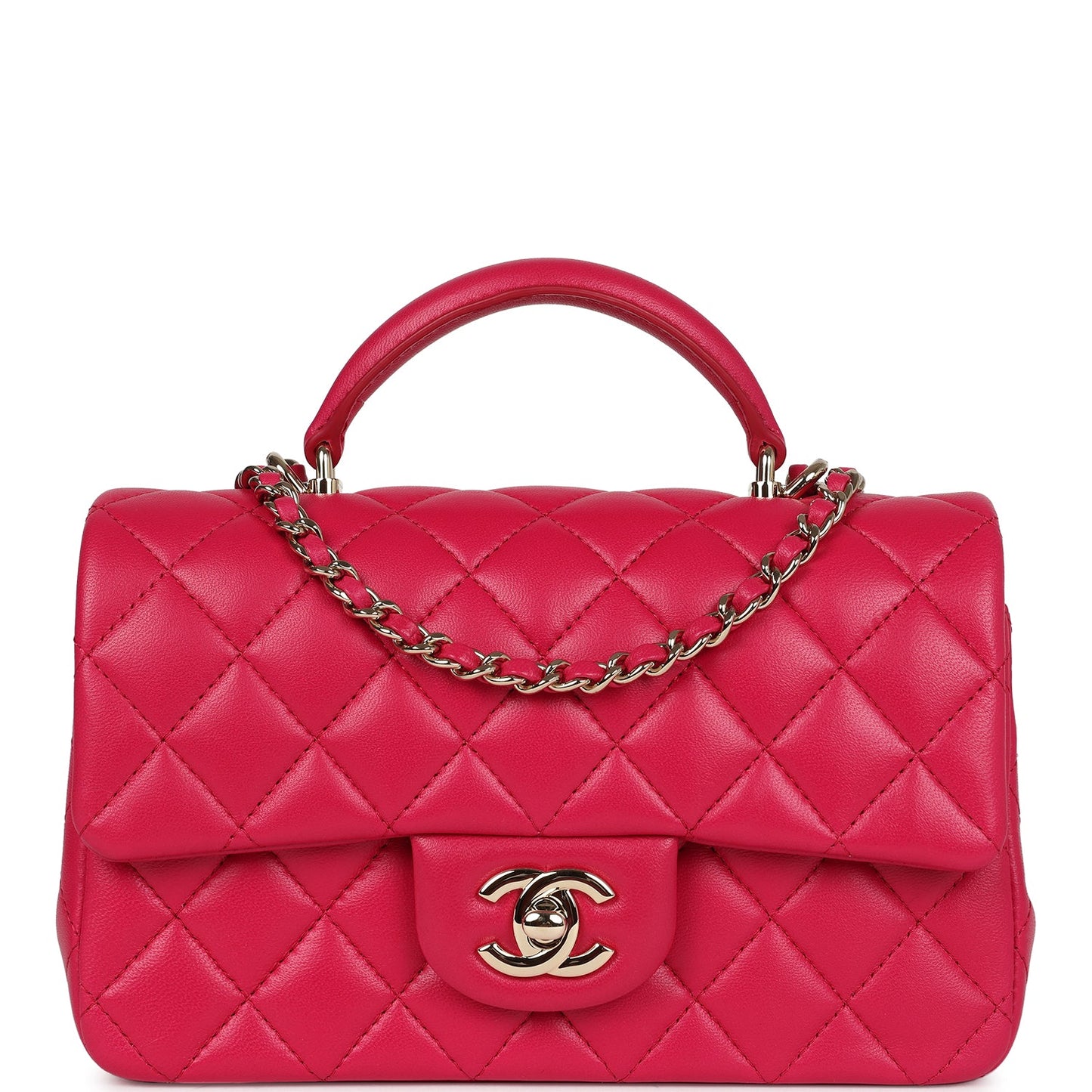 Chanel Mini Top Handle Rectangular Flap Bag Fuchsia Lambskin Light Gold Hardware