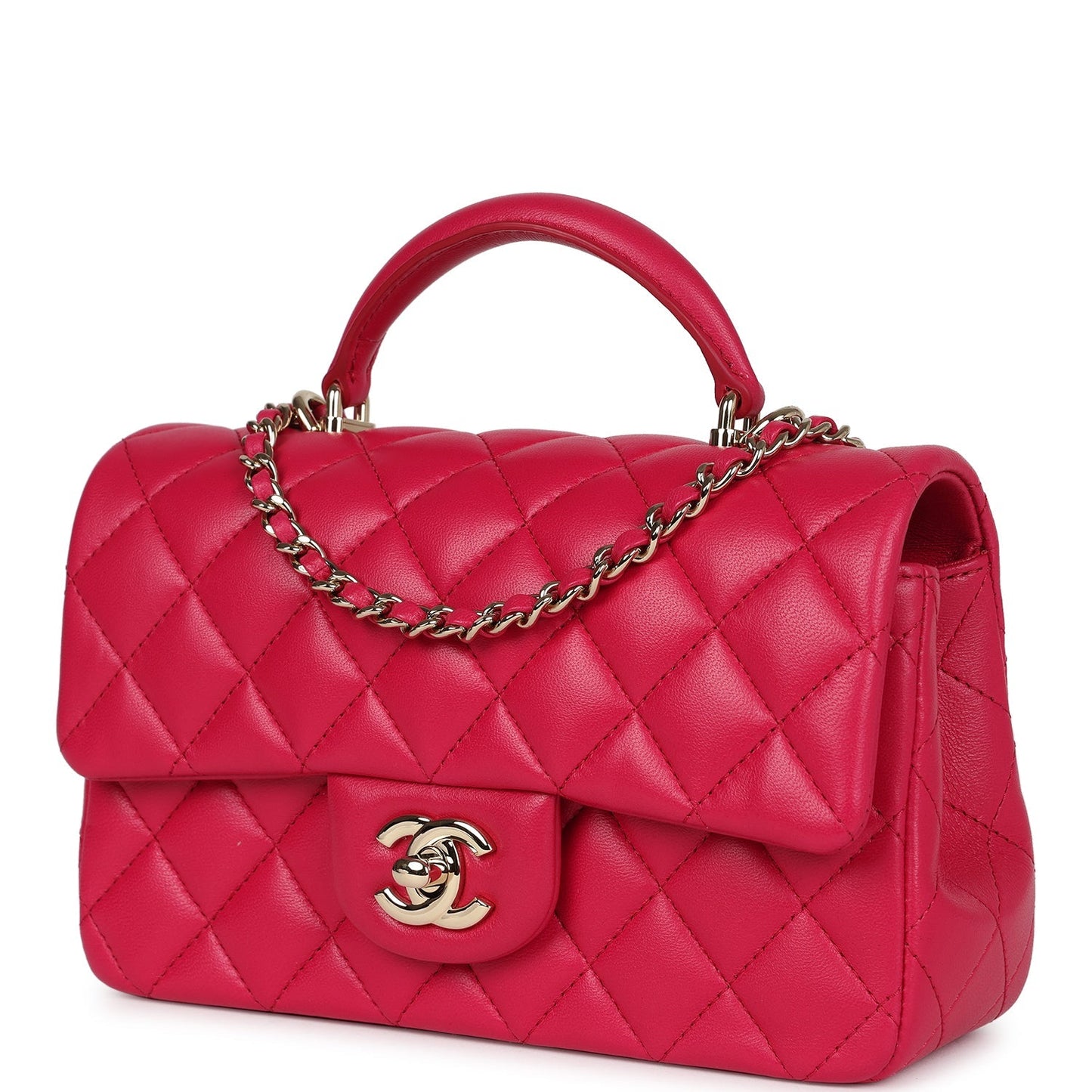 Chanel Mini Top Handle Rectangular Flap Bag Fuchsia Lambskin Light Gold Hardware