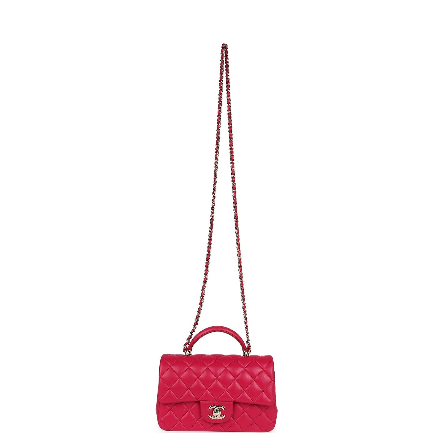 Chanel Mini Top Handle Rectangular Flap Bag Fuchsia Lambskin Light Gold Hardware